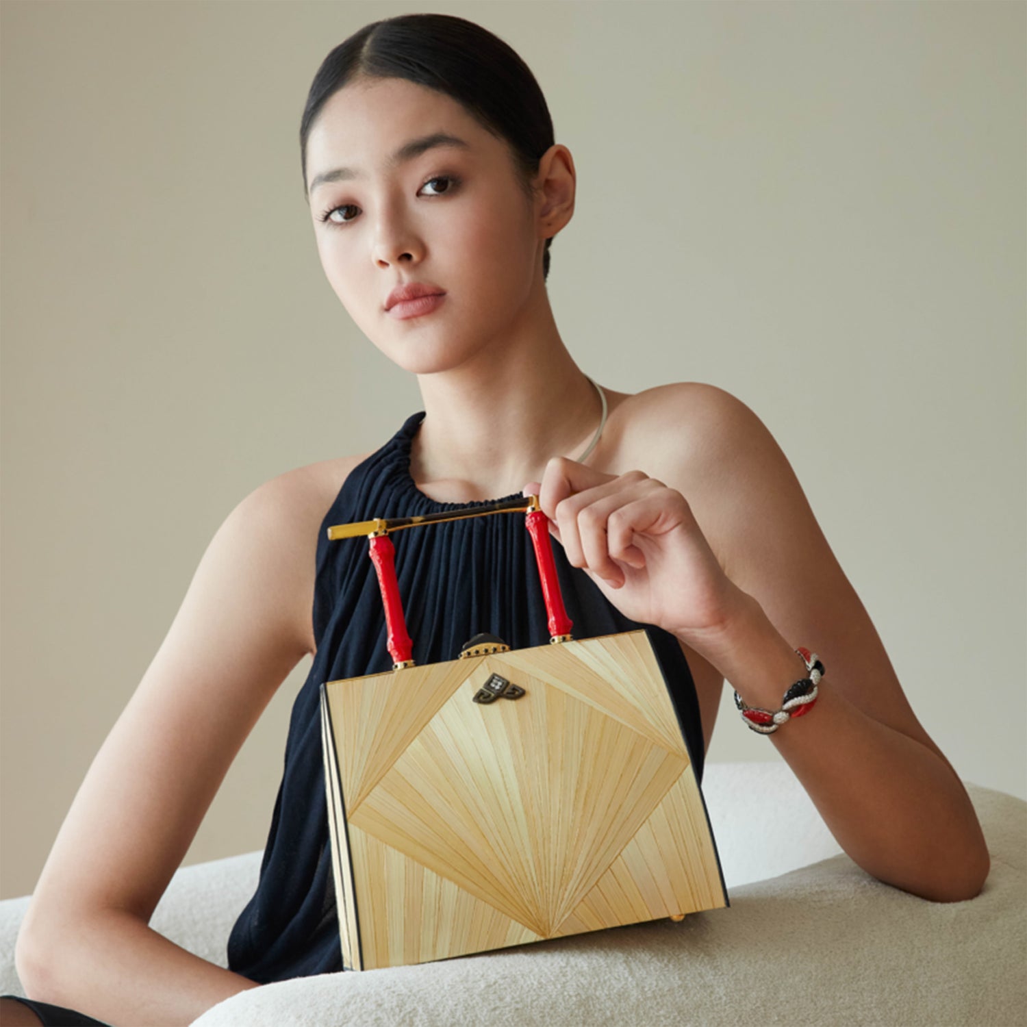 Marquetry Handbag with Onyx Kundan, Diamond and Bakelite Hair Pin Handle