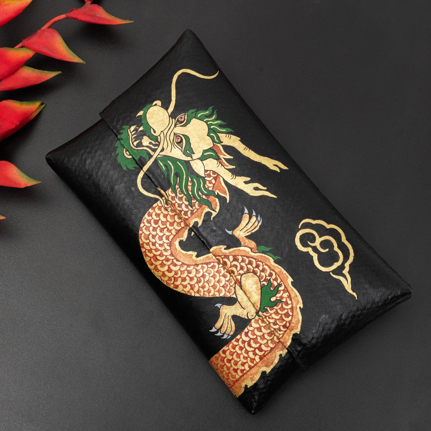 Black Bamboo Clutch with Hand-Painted Red Dragon