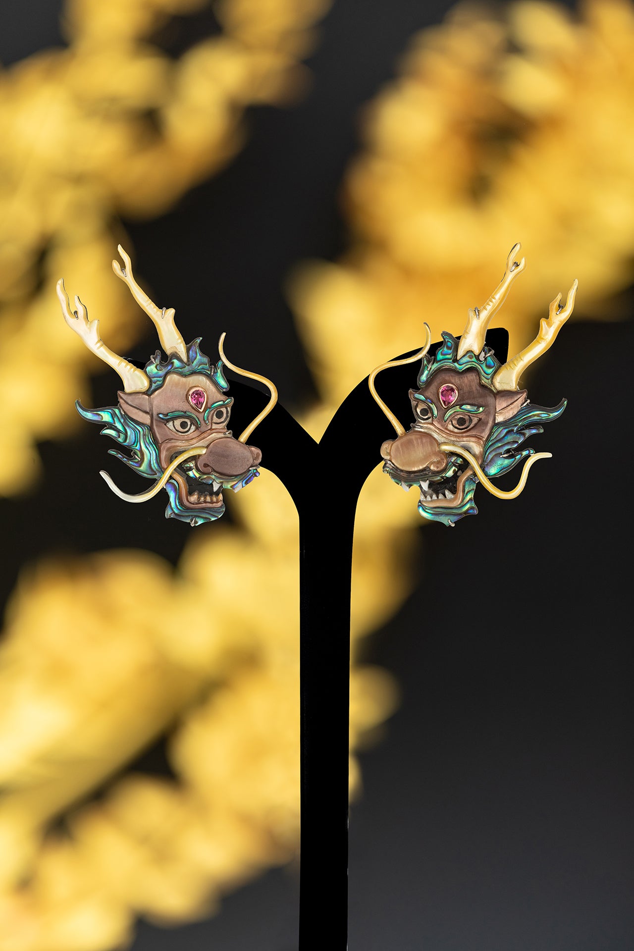 Horned Dragon Shell Earrings with Rubellite