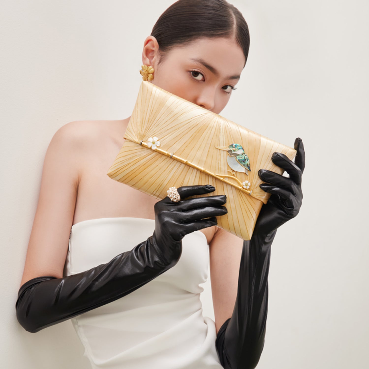 Marquetry Clutch Bag with carved abalone bird #M