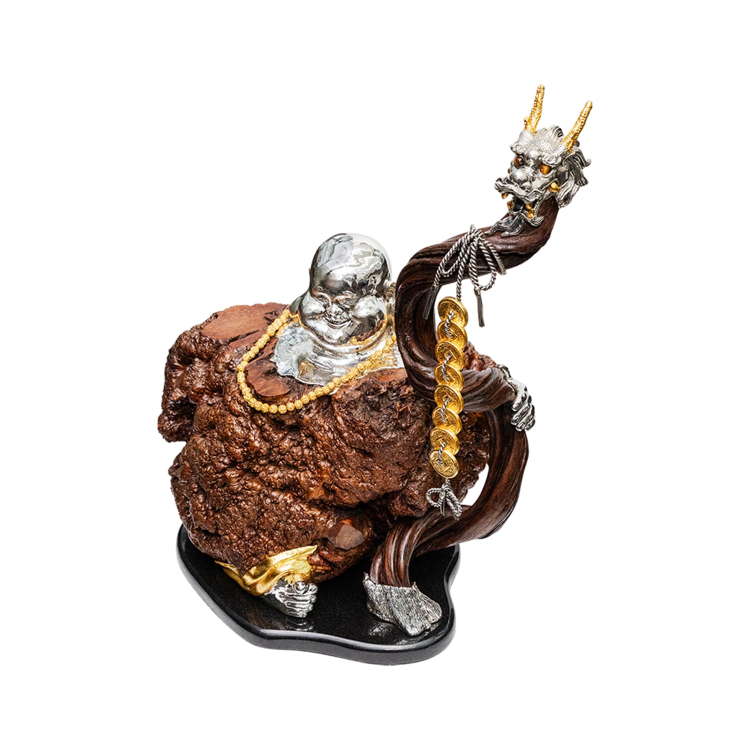 Burl Wood Happy Monk with Dragon Walking Stick