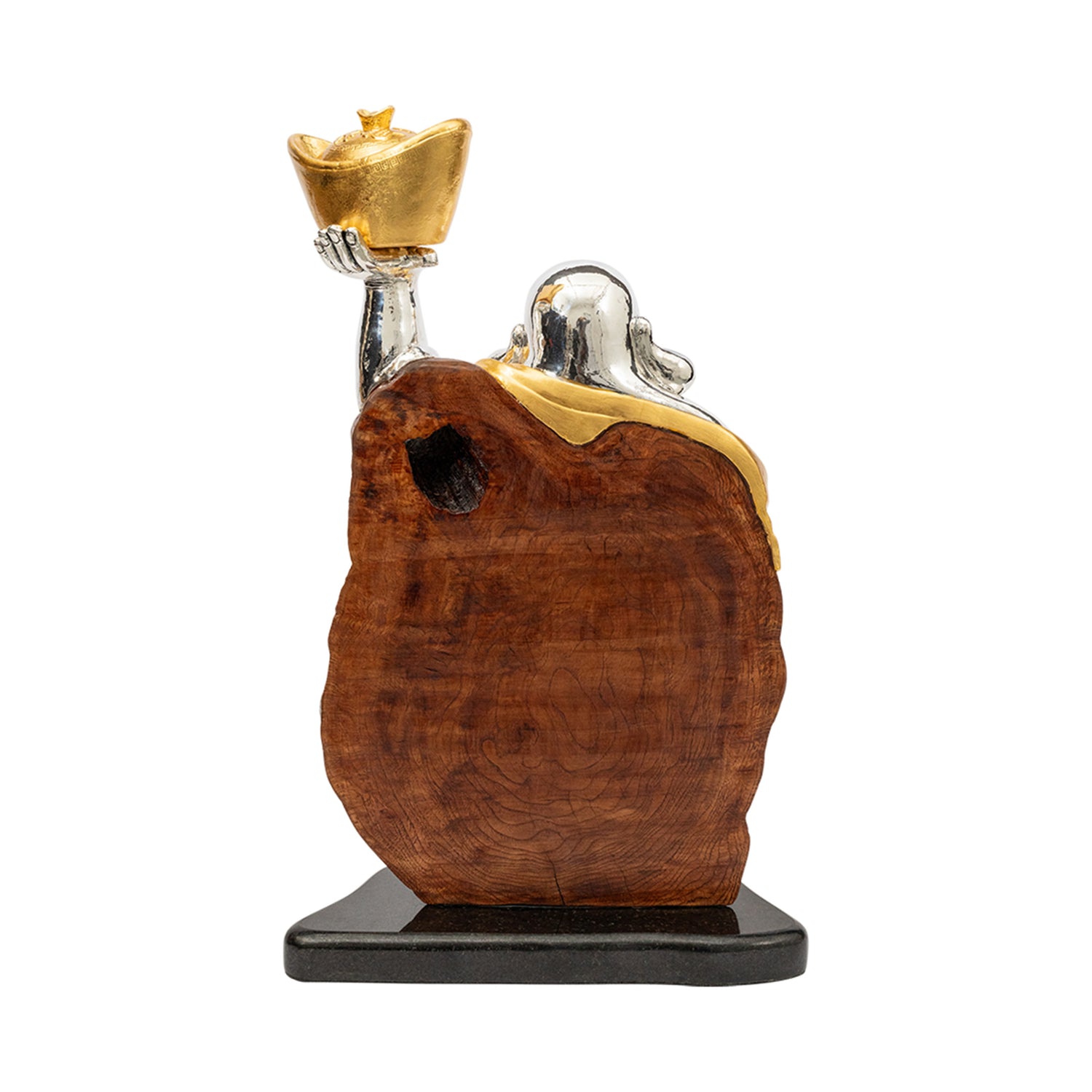 Burl Wood Happy Monk with Ingot and Prayer Beads