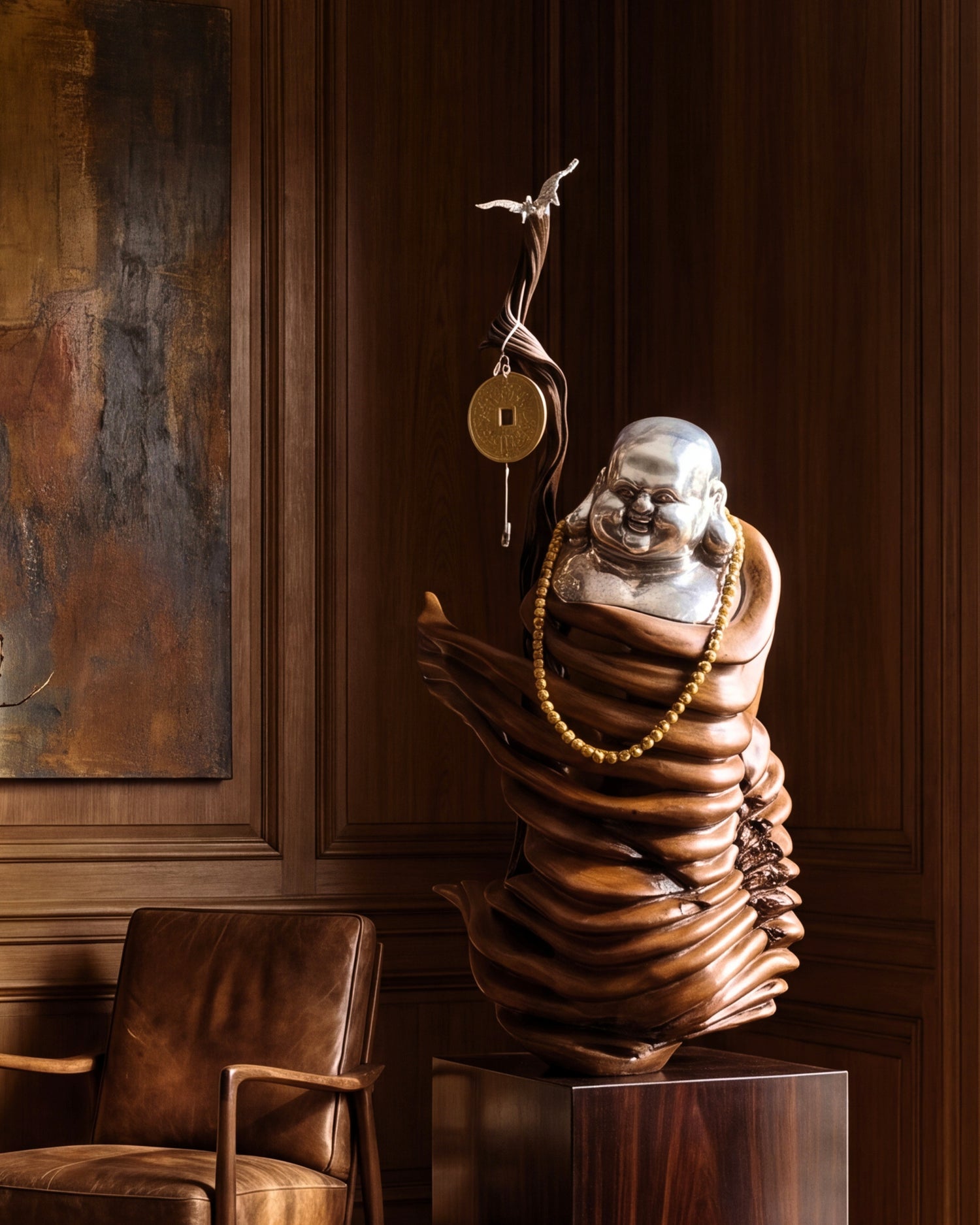 Happy Monk with Walking Stick and Silver Bat