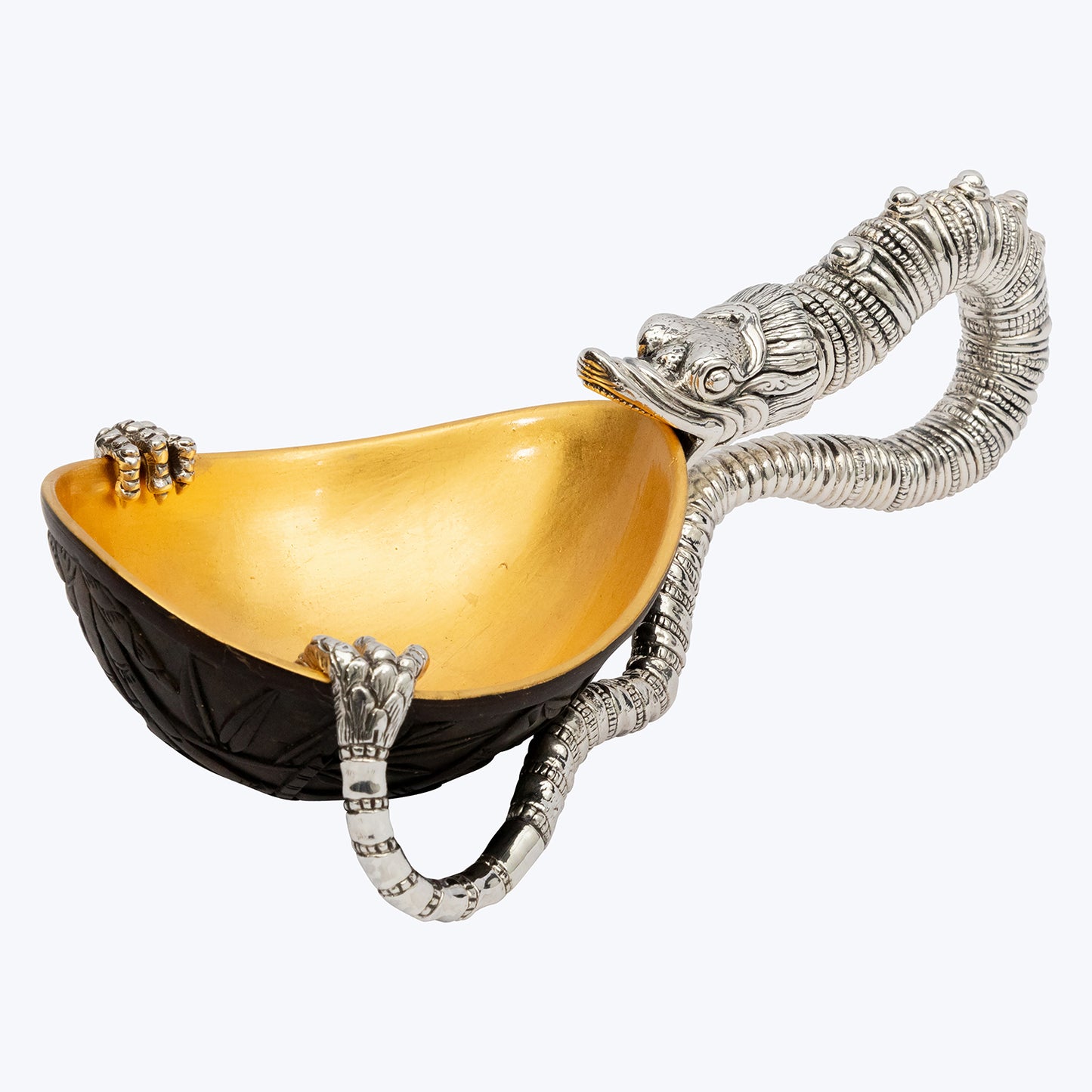 Carved Coconut Bowl with Silver Dragon Handle