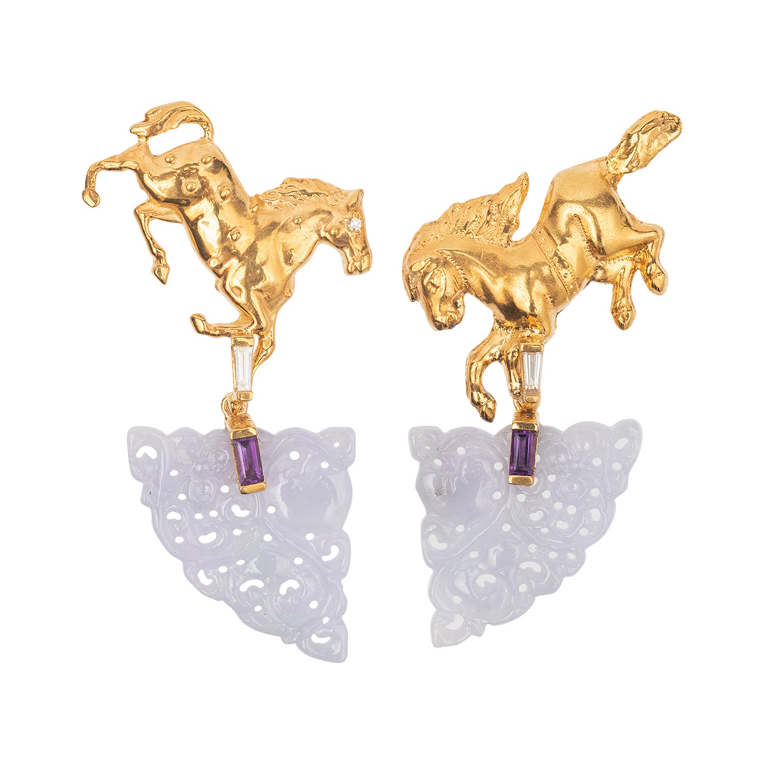 Galloping Horse Earrings with Diamond, Amethyst and Lavender Jade