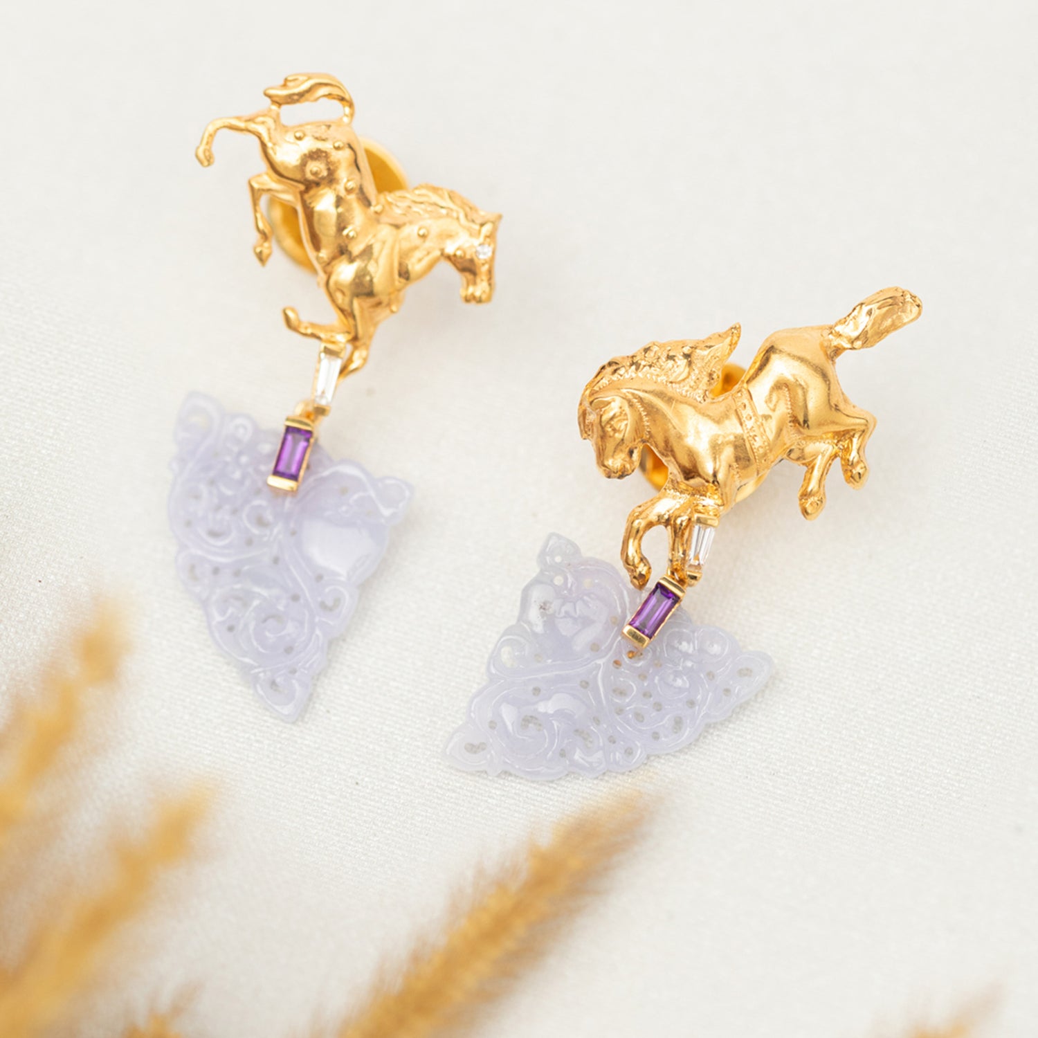 Galloping Horse Earrings with Diamond, Amethyst and Lavender Jade