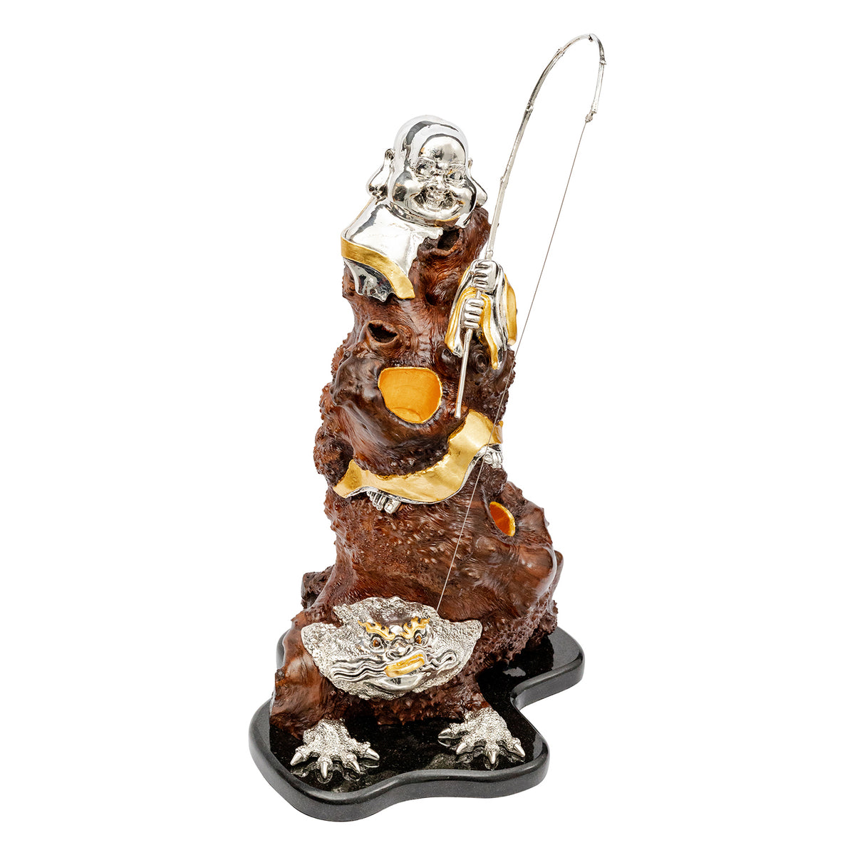 Burl Wood Happy Monk and Lucky Toad Sculpture