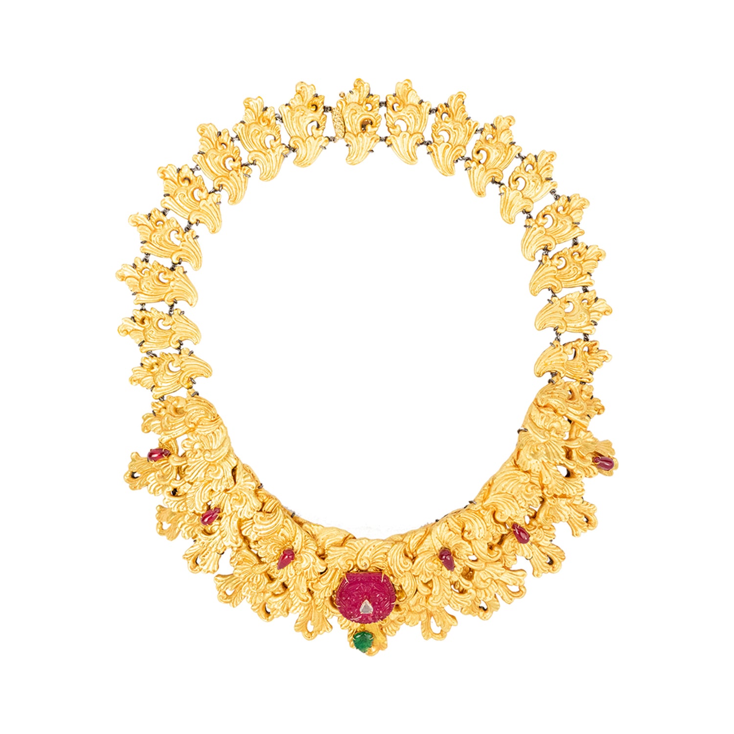 Carved Coconut Necklace, with Ruby, Emerald, Diamond, Emerald