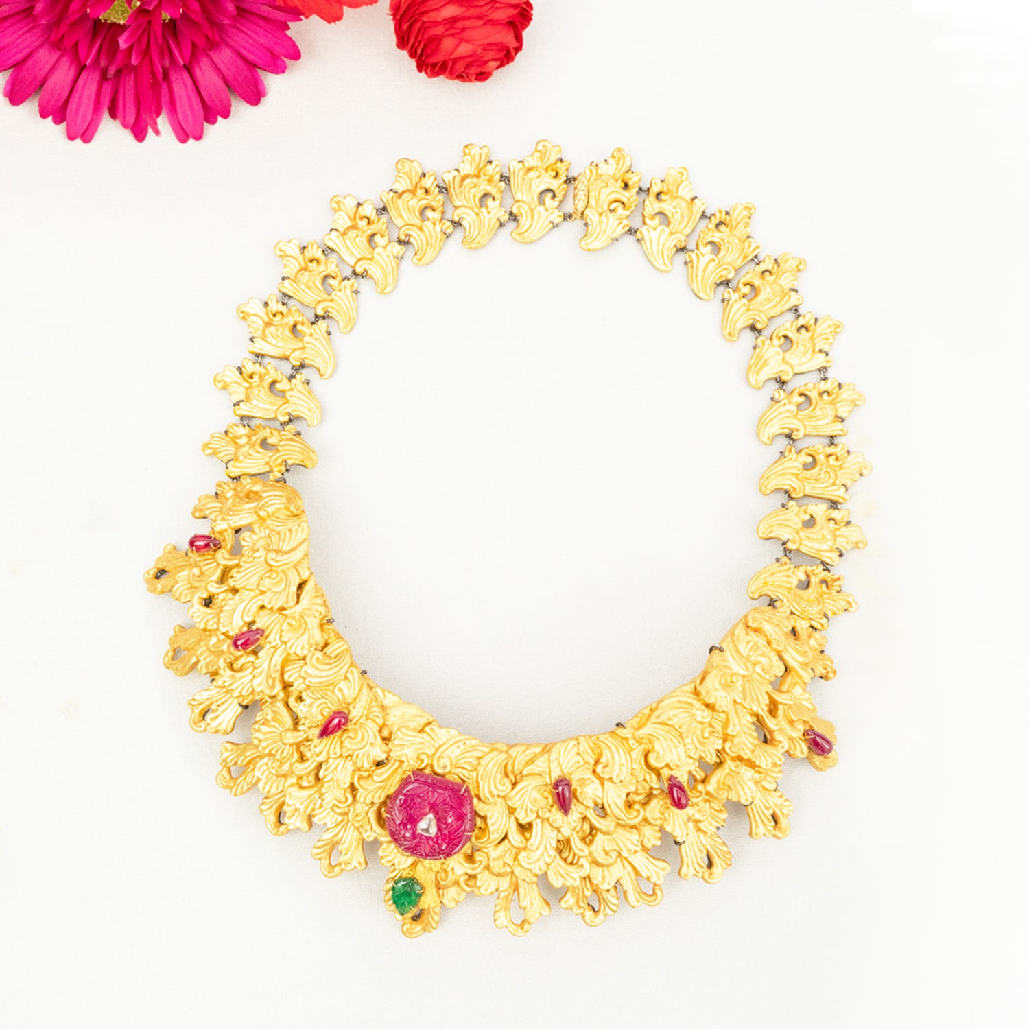 Carved Coconut Necklace, with Ruby, Emerald, Diamond, Emerald