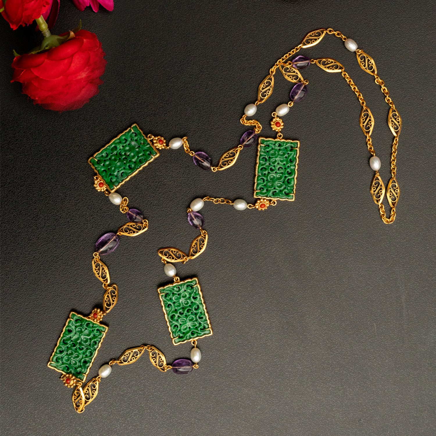 Golden Harmony Necklace with Jade and Amethyst