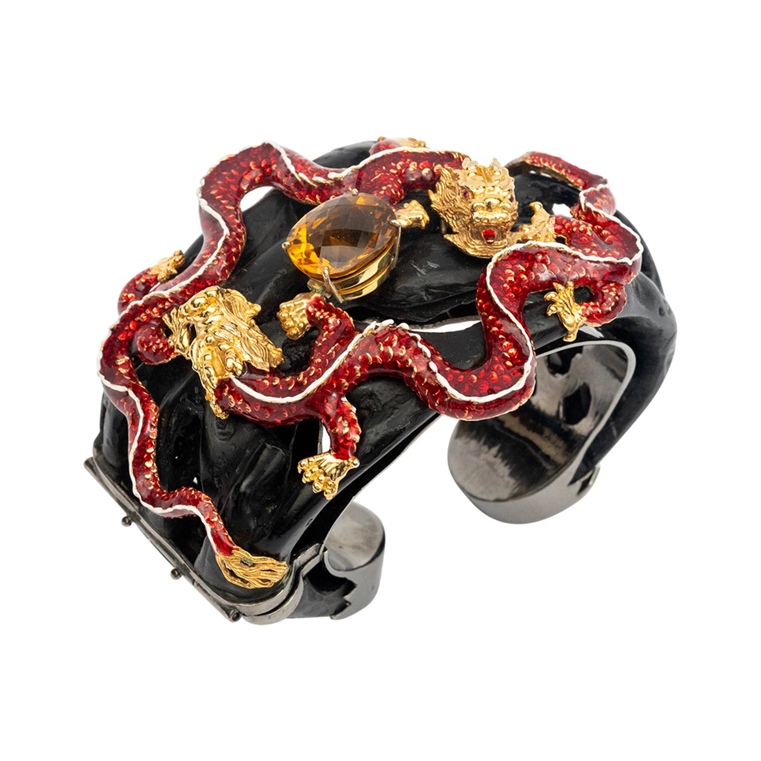 Double Dragon Bangle with Rubies, Topaz and Enamel