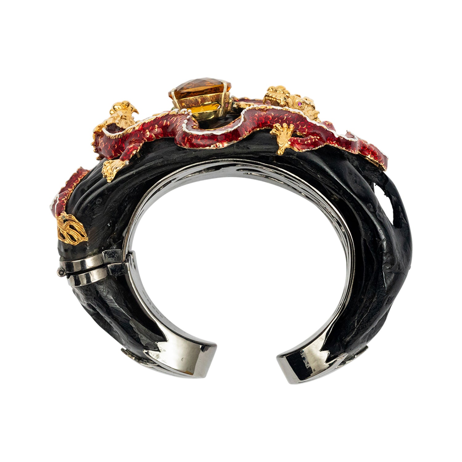 Double Dragon Bangle with Rubies, Topaz and Enamel