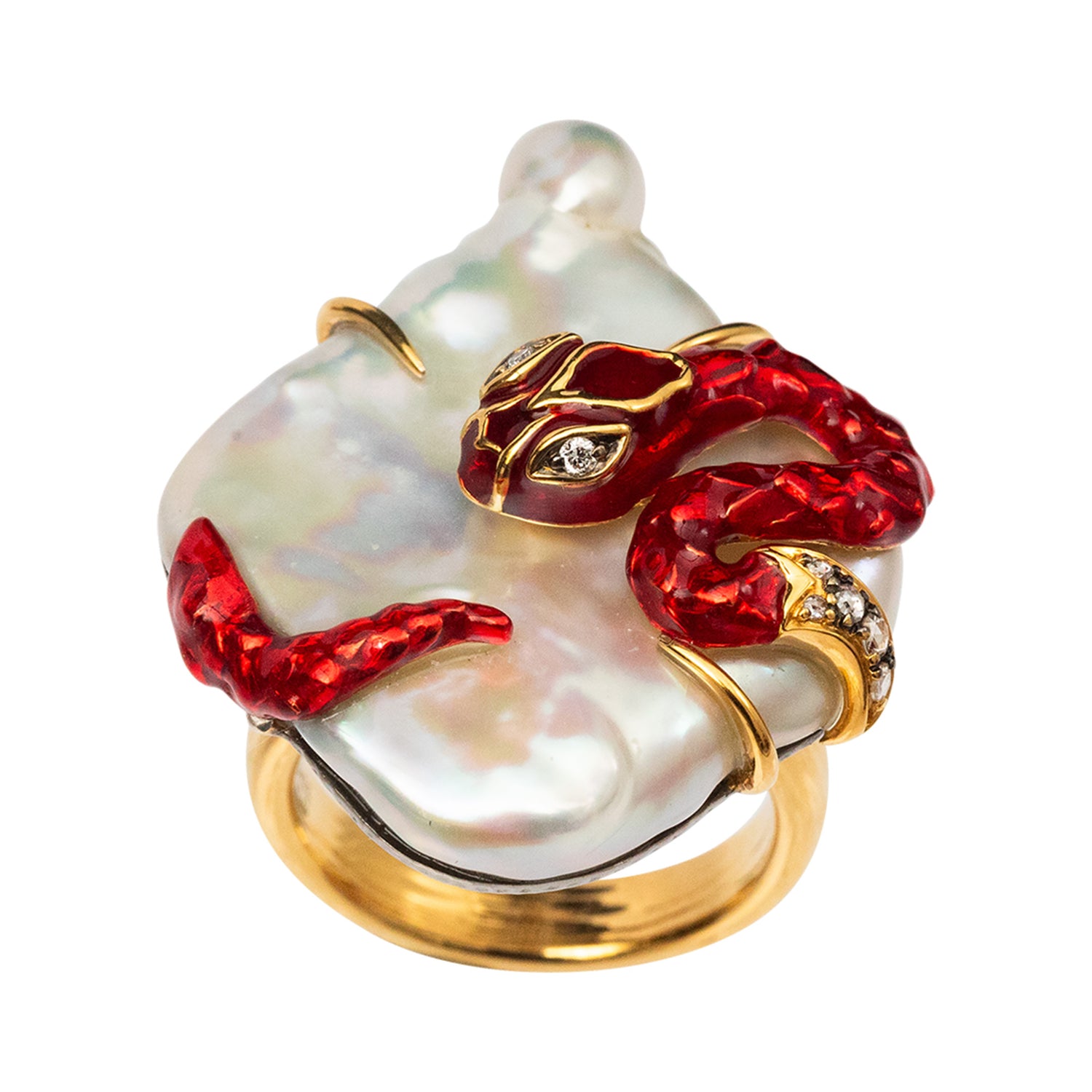 Red Enamel Silver Snake with 9k gold Ring, Pearl and Diamond