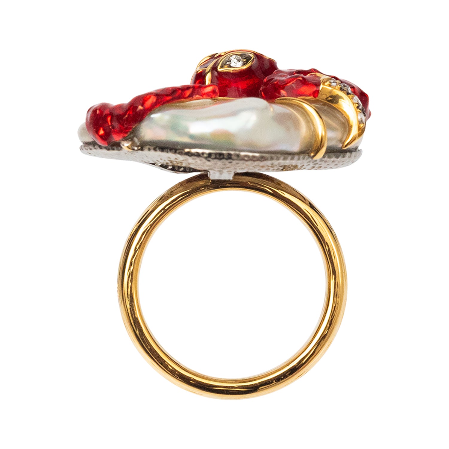 Red Enamel Silver Snake with 9k gold Ring, Pearl and Diamond