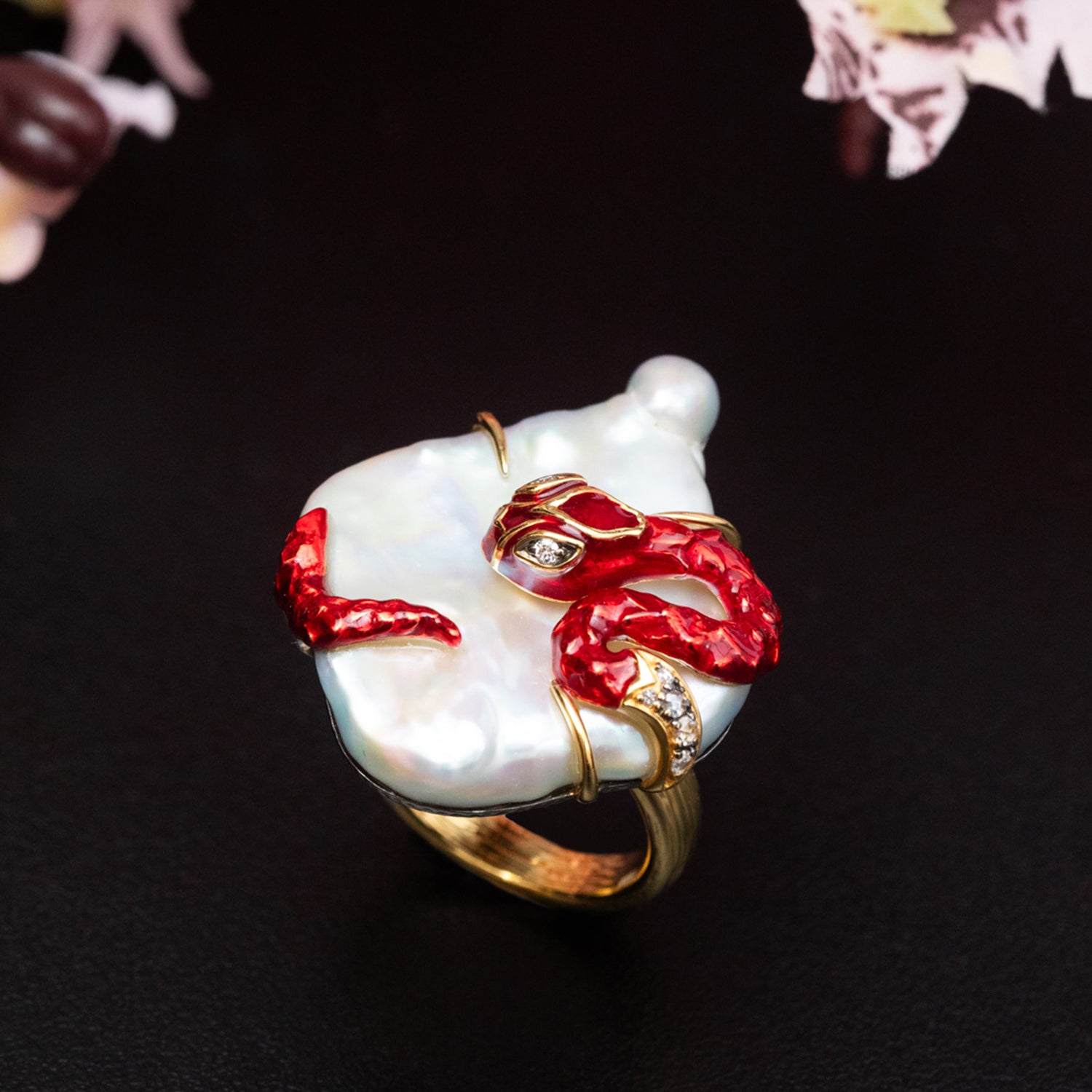 Red Enamel Silver Snake with 9k gold Ring, Pearl and Diamond