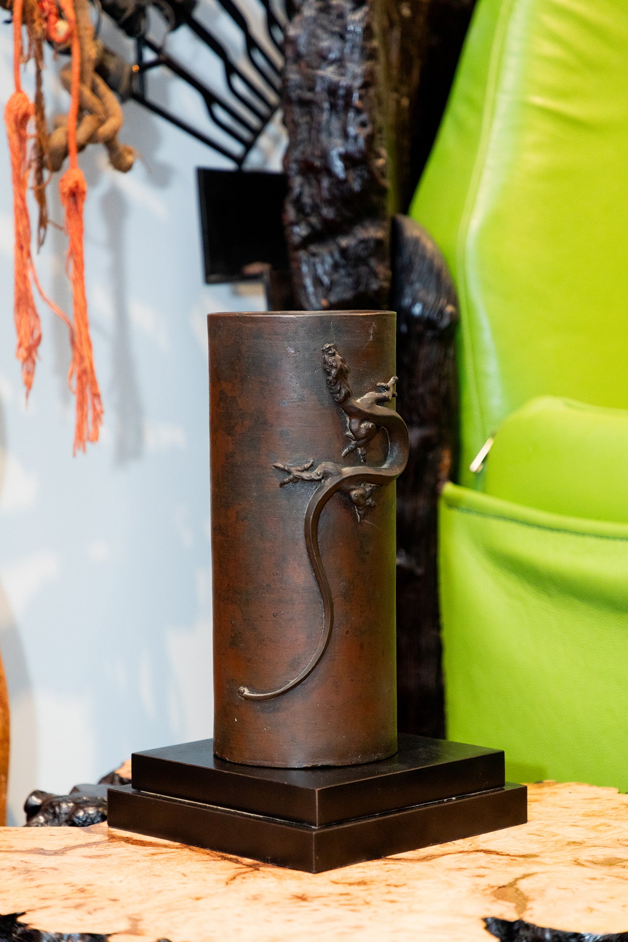 Bronze Holder with Dragon Motif on Wooden Base