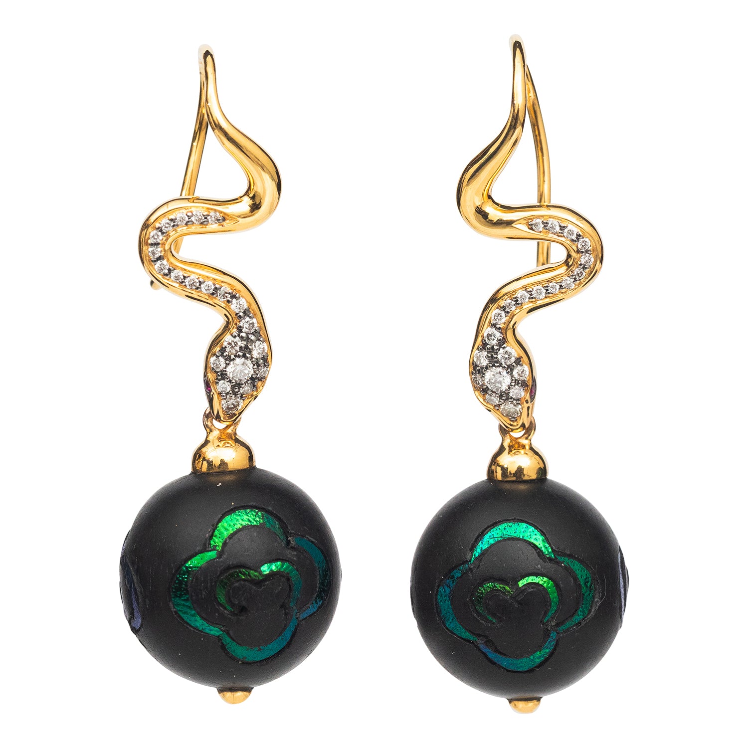 Snake Chasing Scarab Ball Earrings with Diamonds