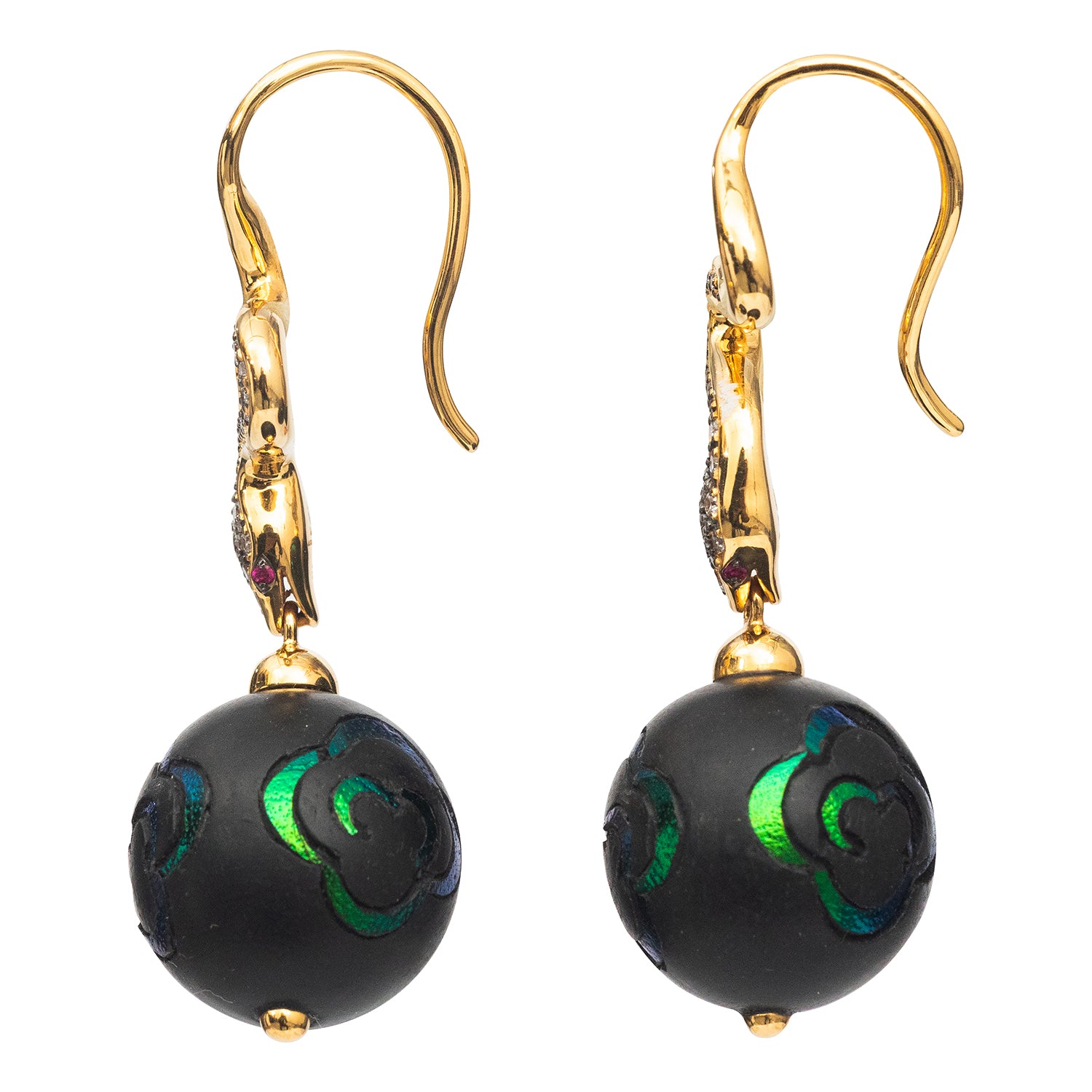 Snake Chasing Scarab Ball Earrings with Diamonds
