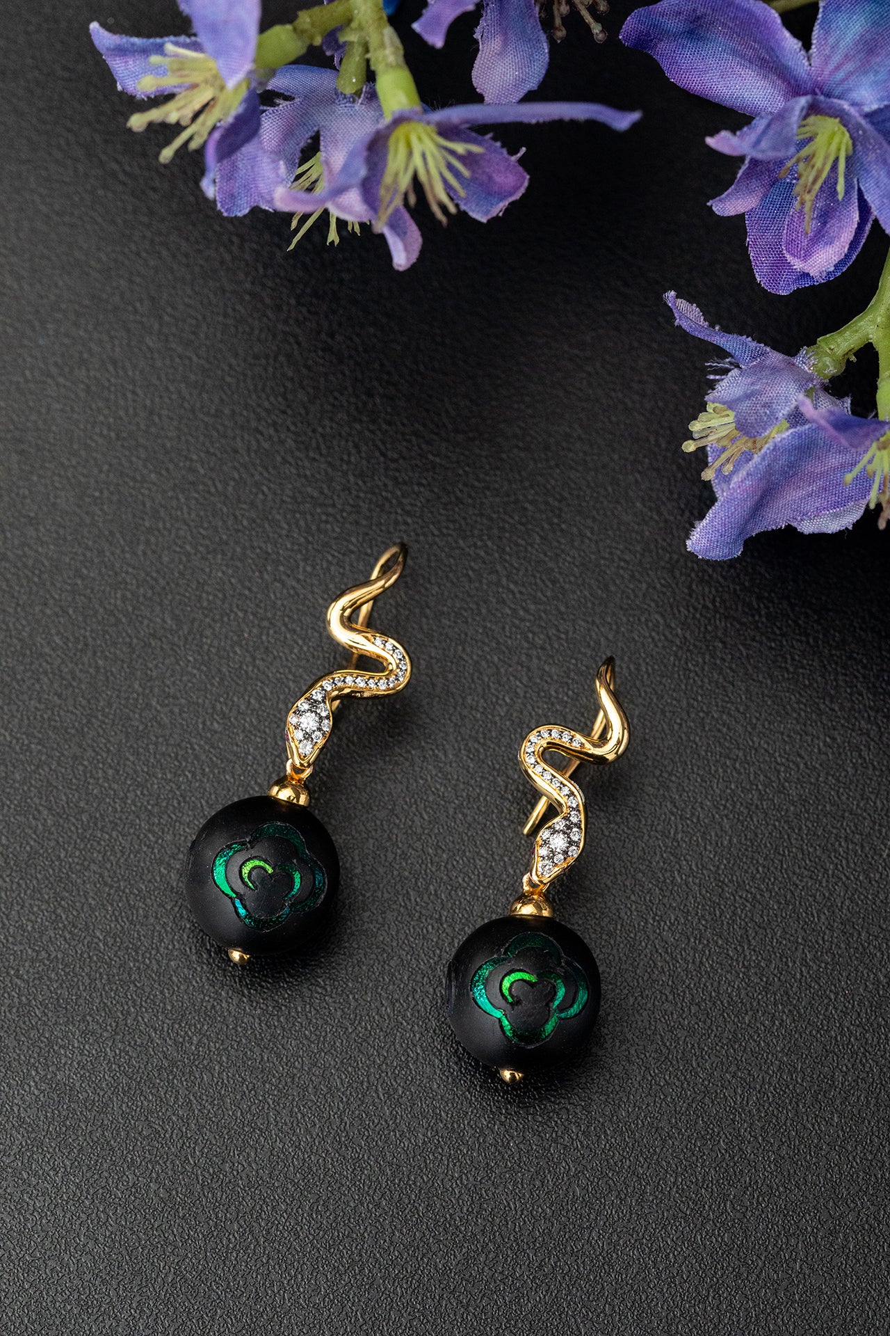Snake Chasing Scarab Ball Earrings with Diamonds