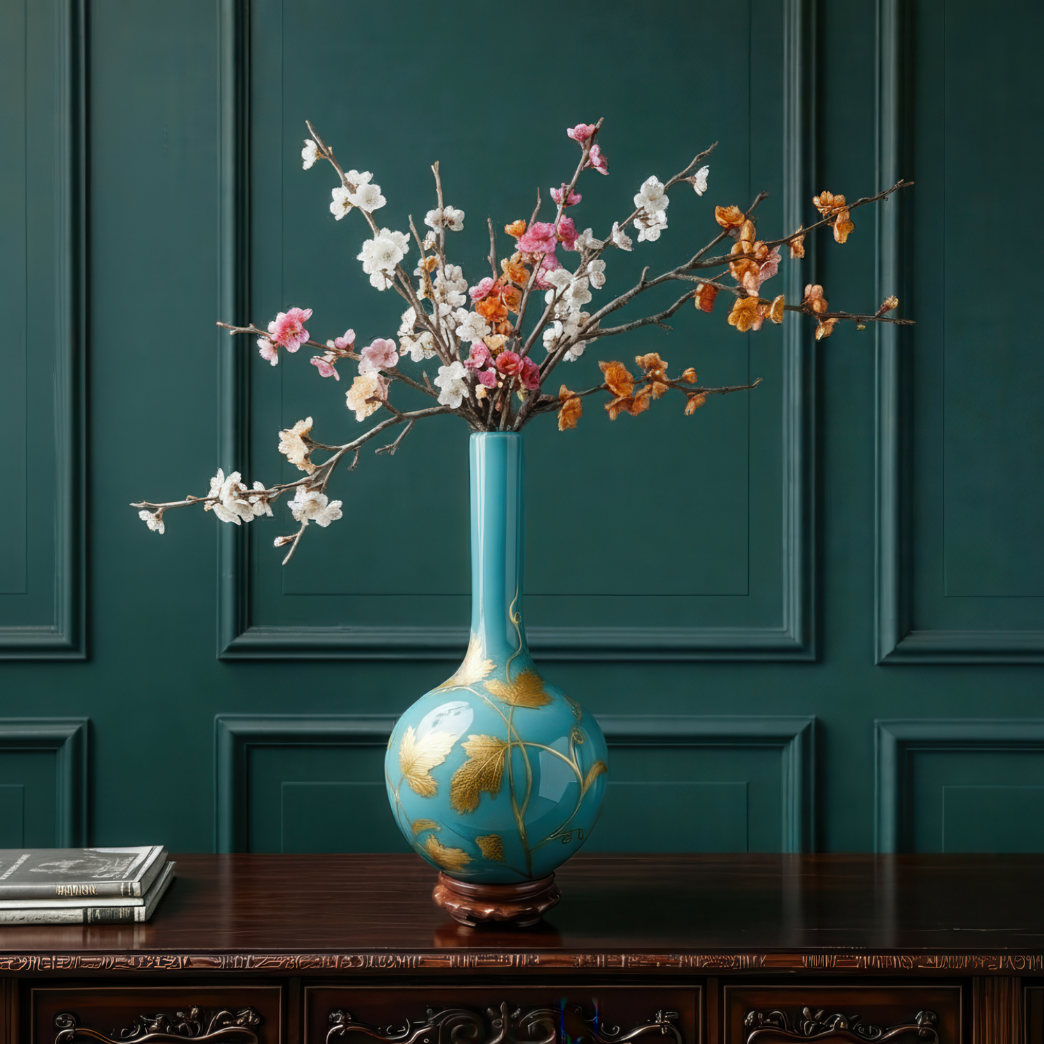 Turquoise Glass Vase with Gold Leaf and Wooden Stand