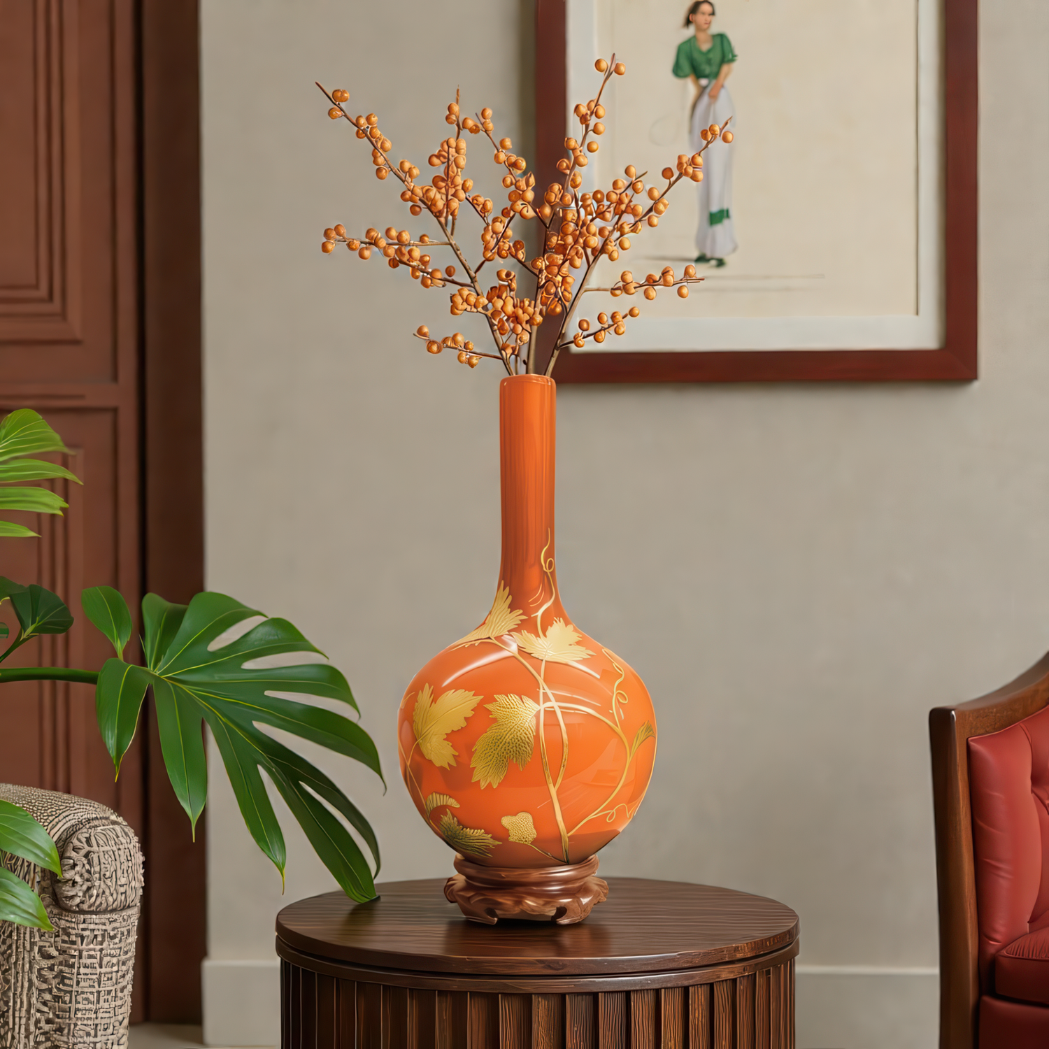 Orange Glass Vase with Gold Leaf and Wooden Stand