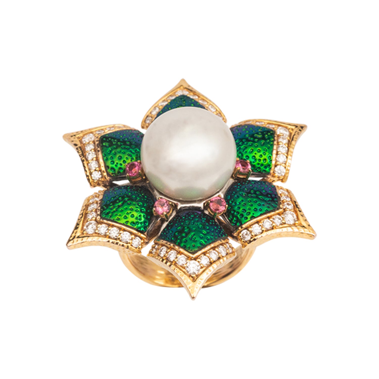 Blooming Lotus Floral Ring with Scarab, Diamond, Pearl & Pink Tourmaline
