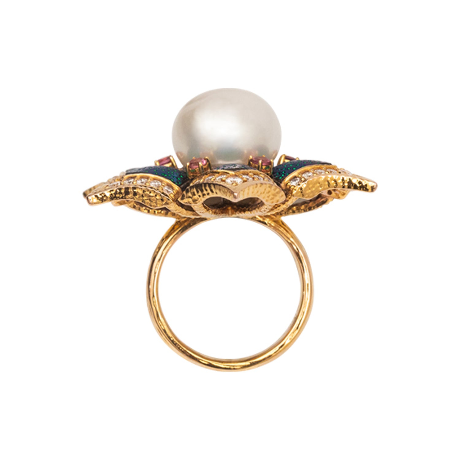 Blooming Lotus Floral Ring with Scarab, Diamond, Pearl & Pink Tourmaline