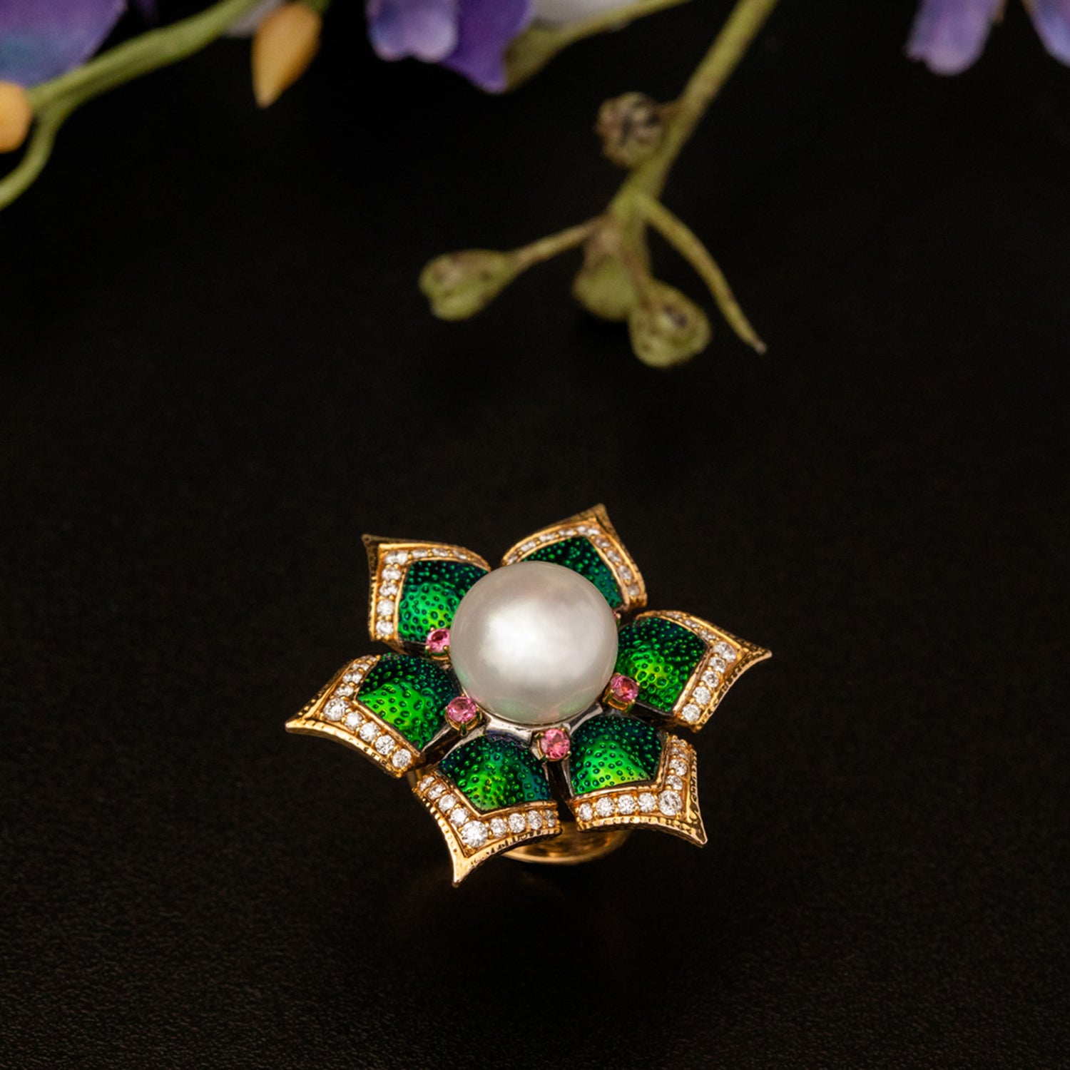 Blooming Lotus Floral Ring with Scarab, Diamond, Pearl & Pink Tourmaline