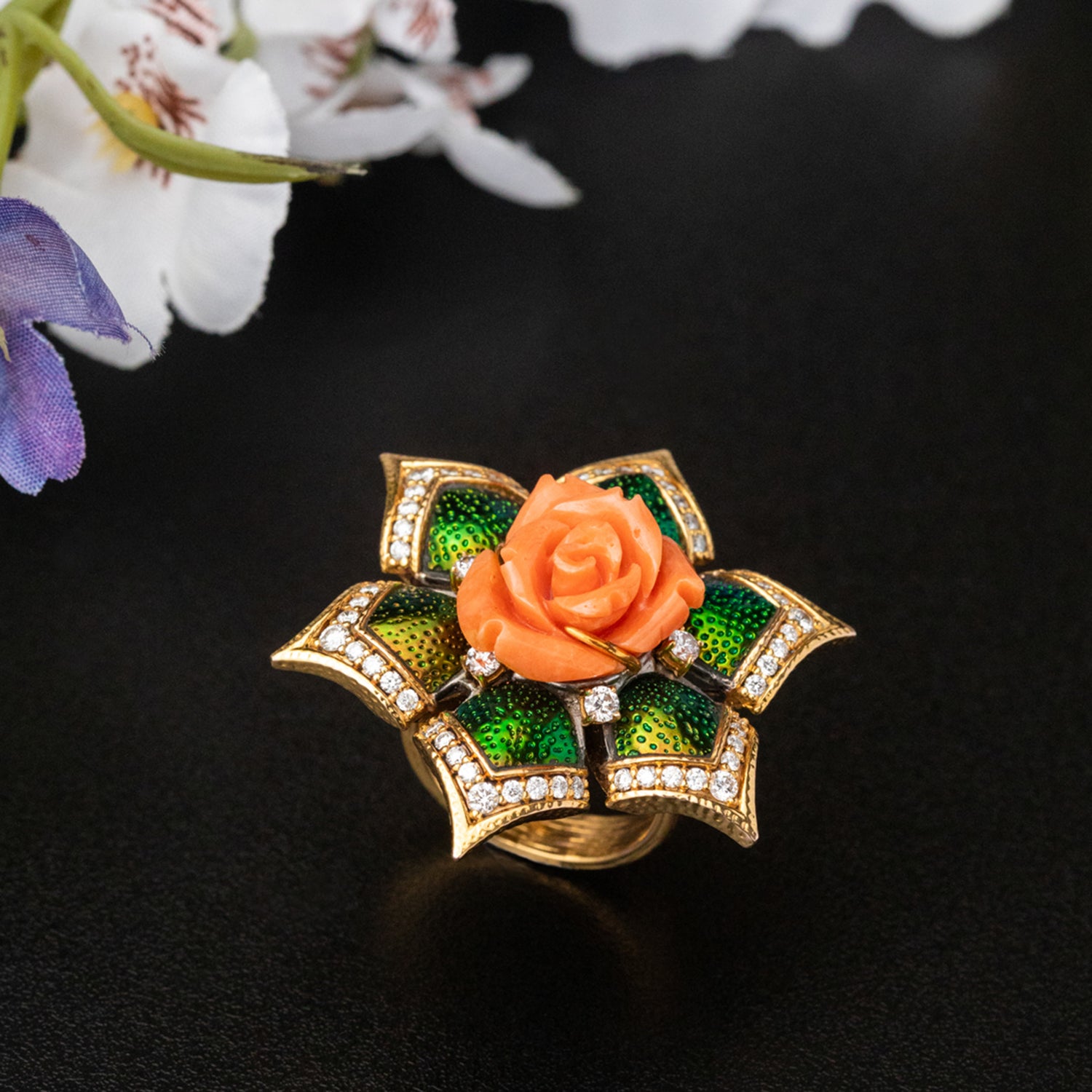 Blooming Lotus Floral Ring with Scarab, Red Stone & Diamond