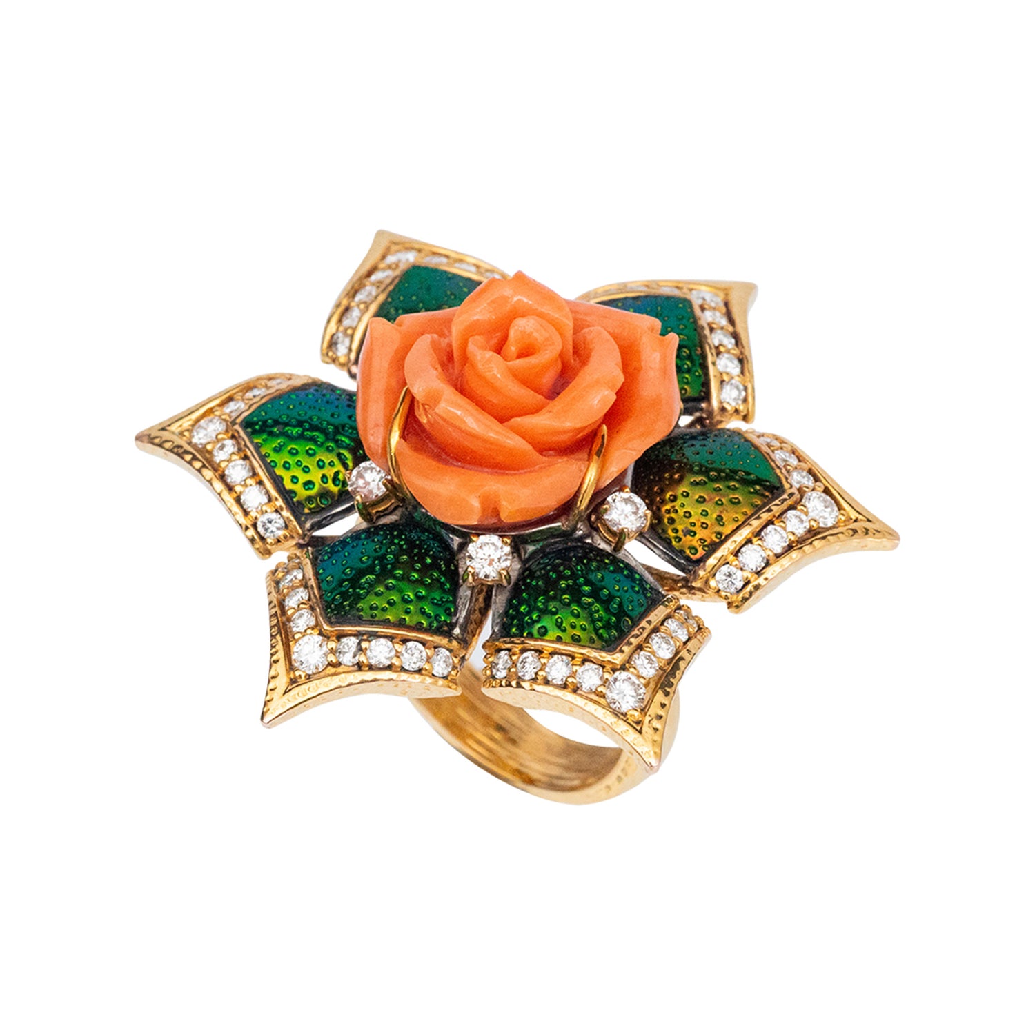 Blooming Lotus Floral Ring with Scarab, Red Stone & Diamond