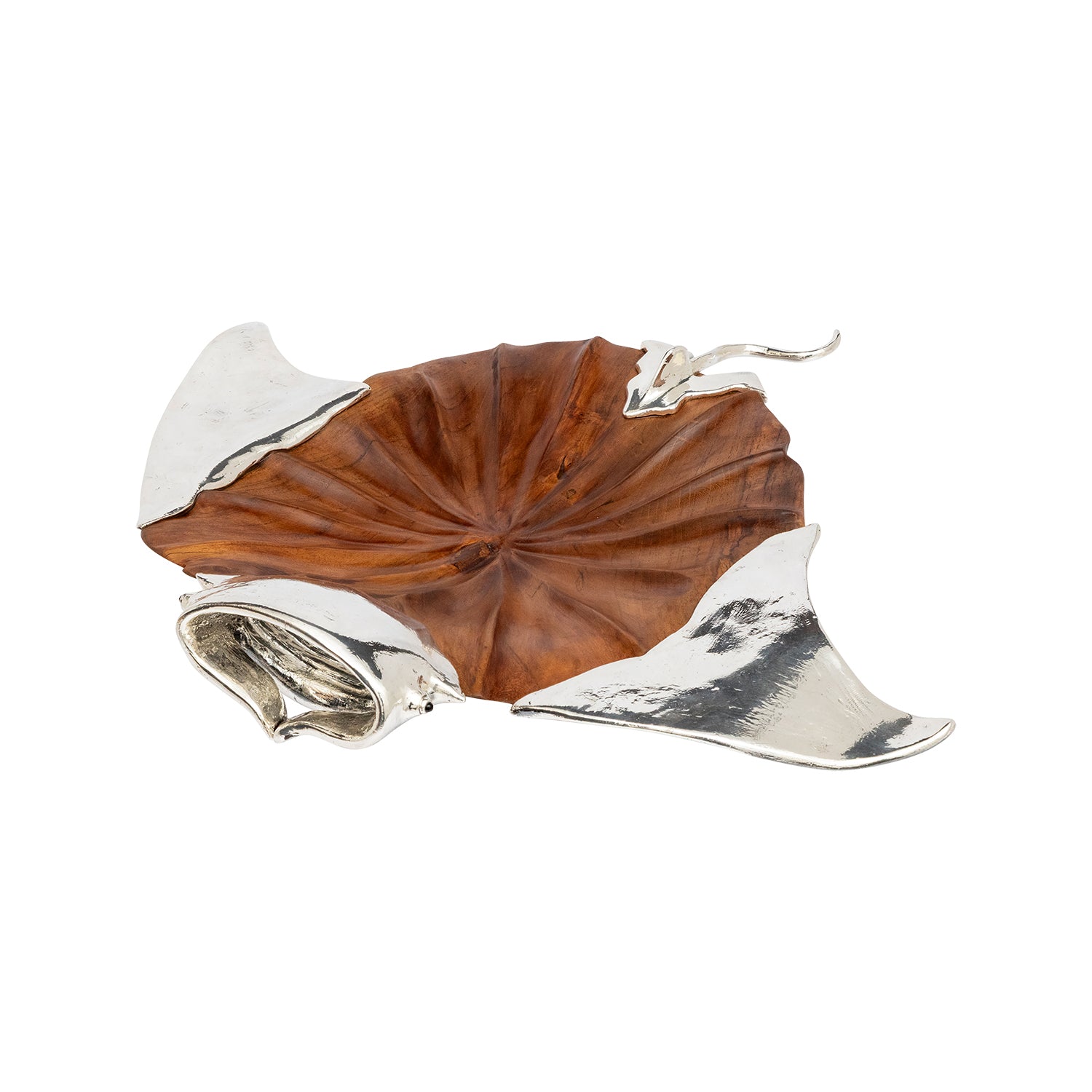 Manta Ray Sculpture - Teak Root Wood & Sterling Silver