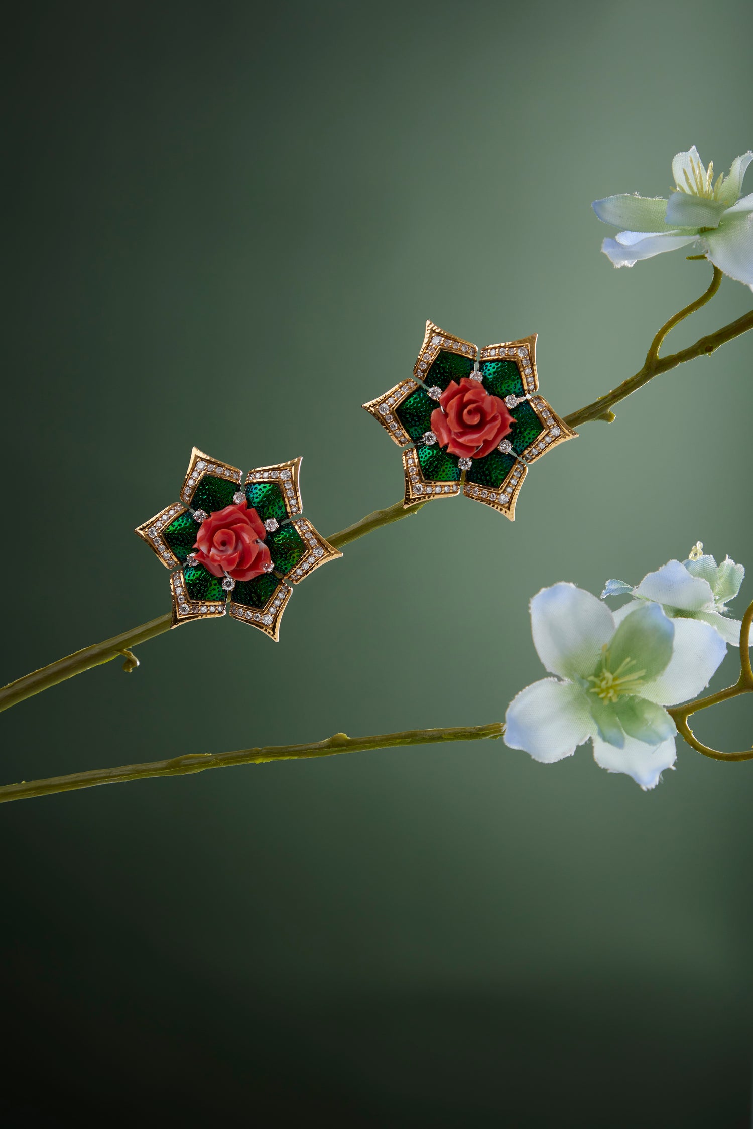 Blooming Lotus Floral Earrings with Scarab & Red Stone