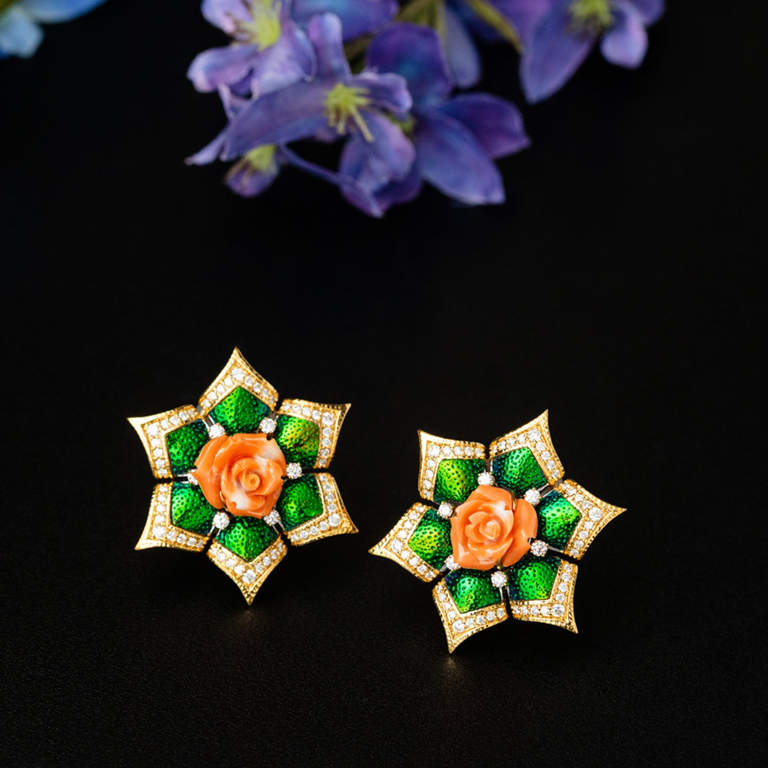 Blooming Lotus Floral Earrings with Scarab & Red Stone