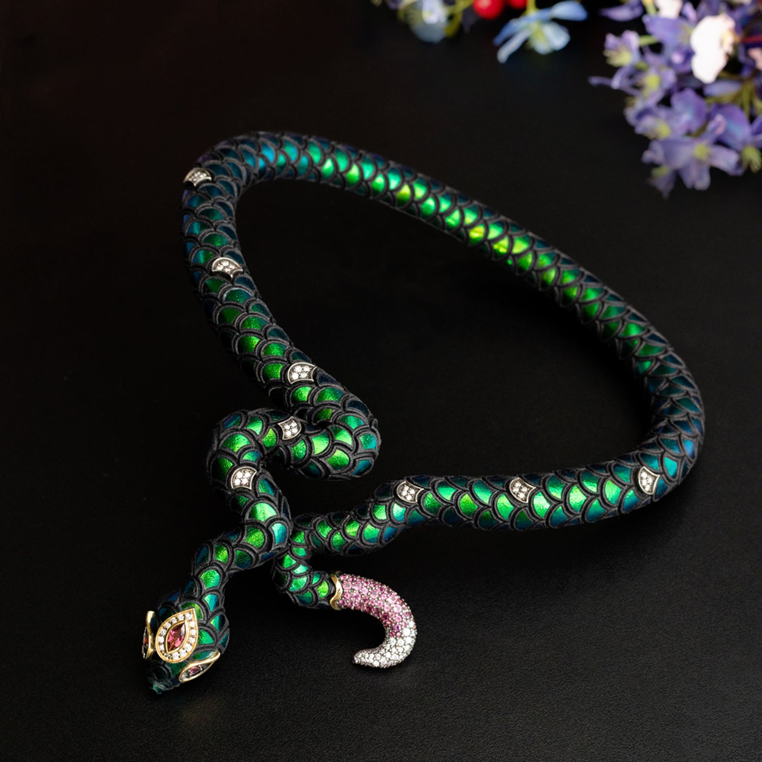 Swirling Serpent Scarab Necklace with Diamond, Pink Tourmaline