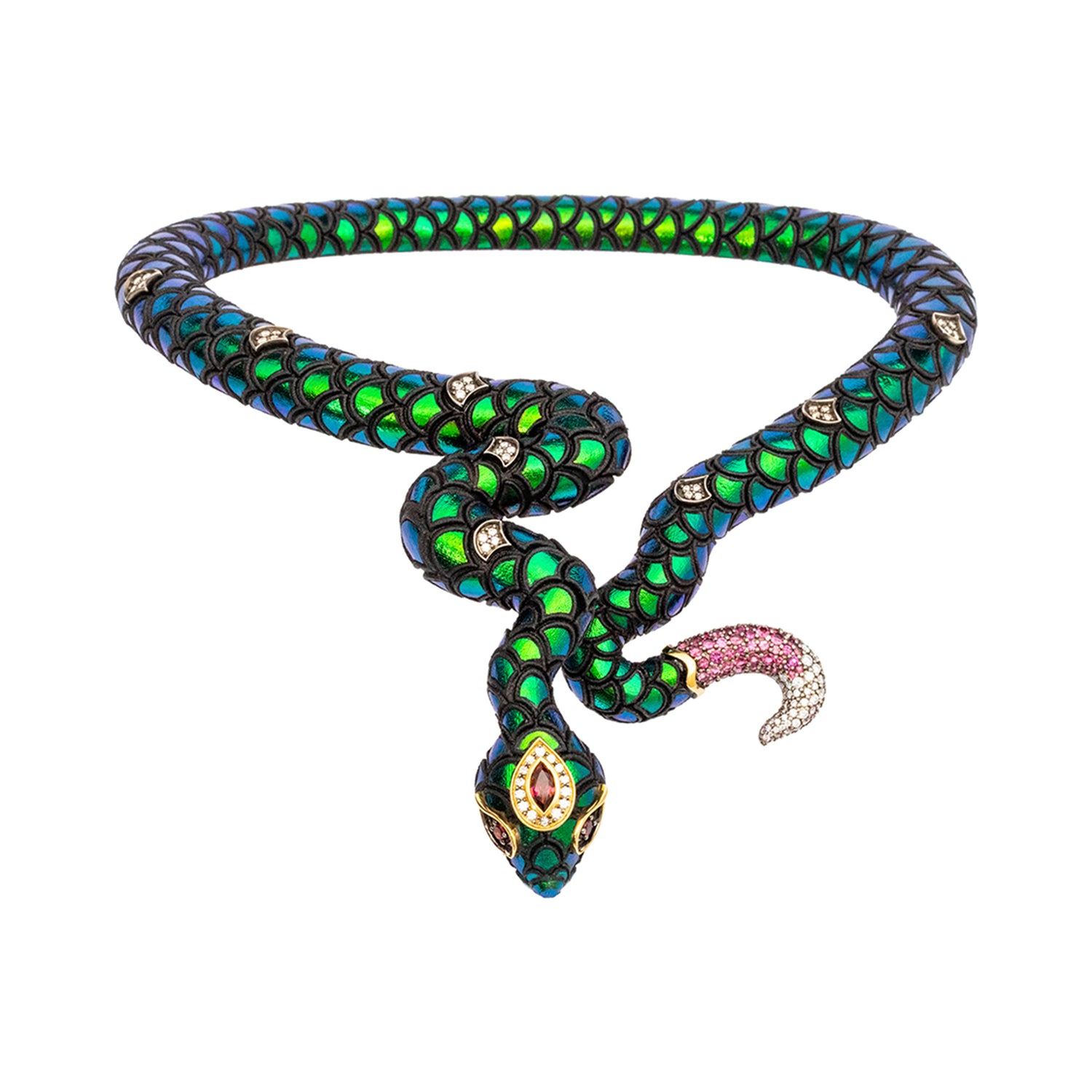 Swirling Serpent Scarab Necklace with Diamond, Pink Tourmaline