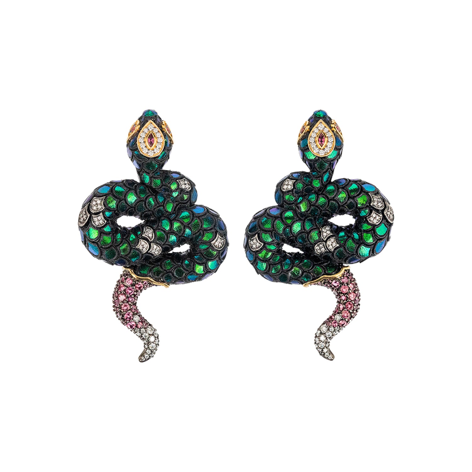 Twin Serpent Earrings with Diamond & Pink Tourmaline