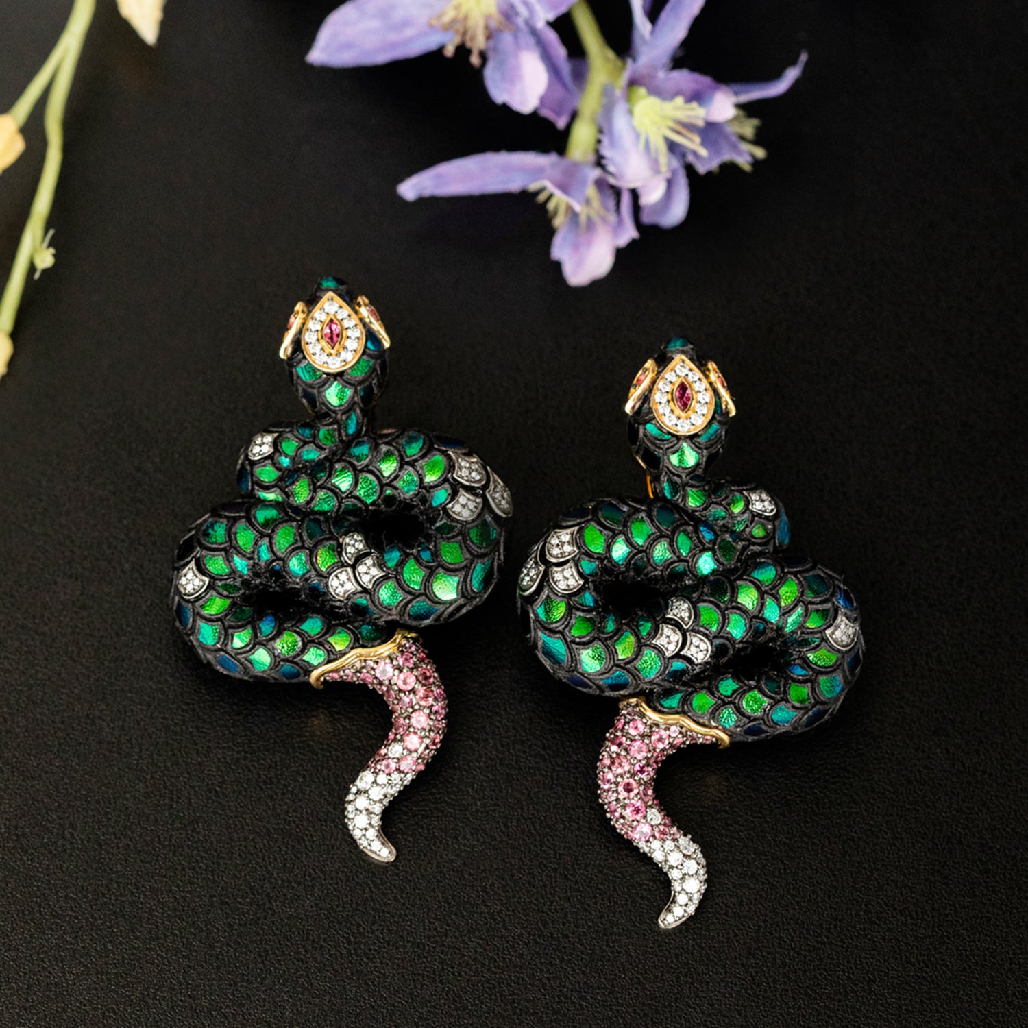 Twin Serpent Earrings with Diamond & Pink Tourmaline
