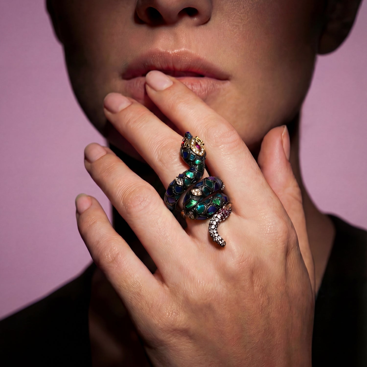 Coiled Serpent Scarab Ring with Diamond & Pink Tourmaline
