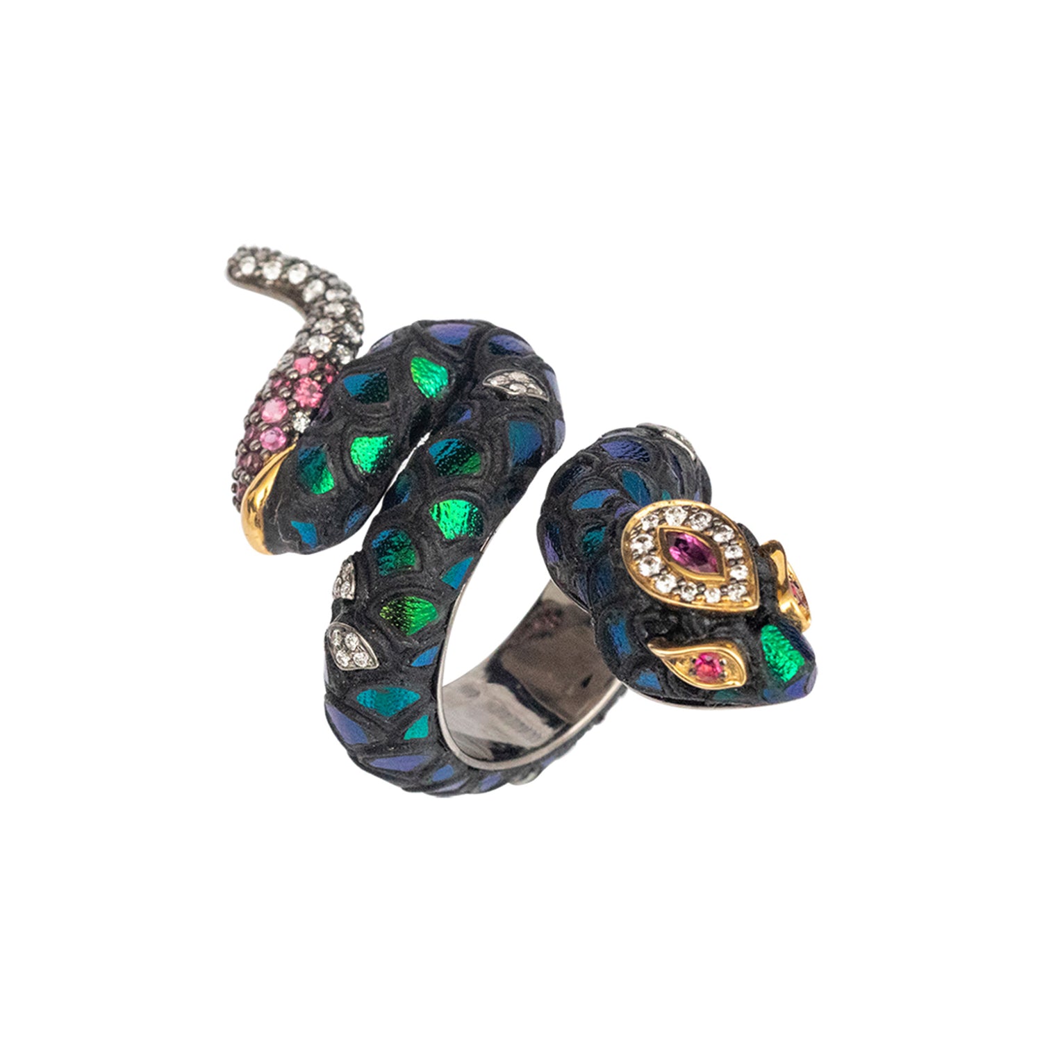 Coiled Serpent Scarab Ring with Diamond & Pink Tourmaline