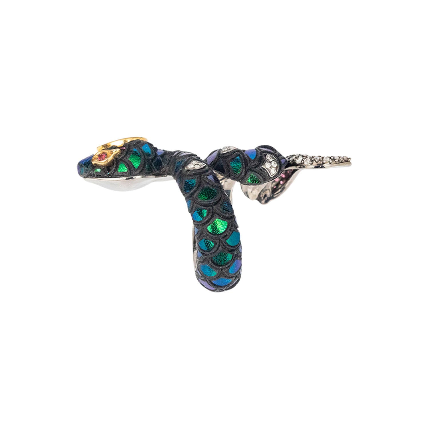 Coiled Serpent Scarab Ring with Diamond & Pink Tourmaline