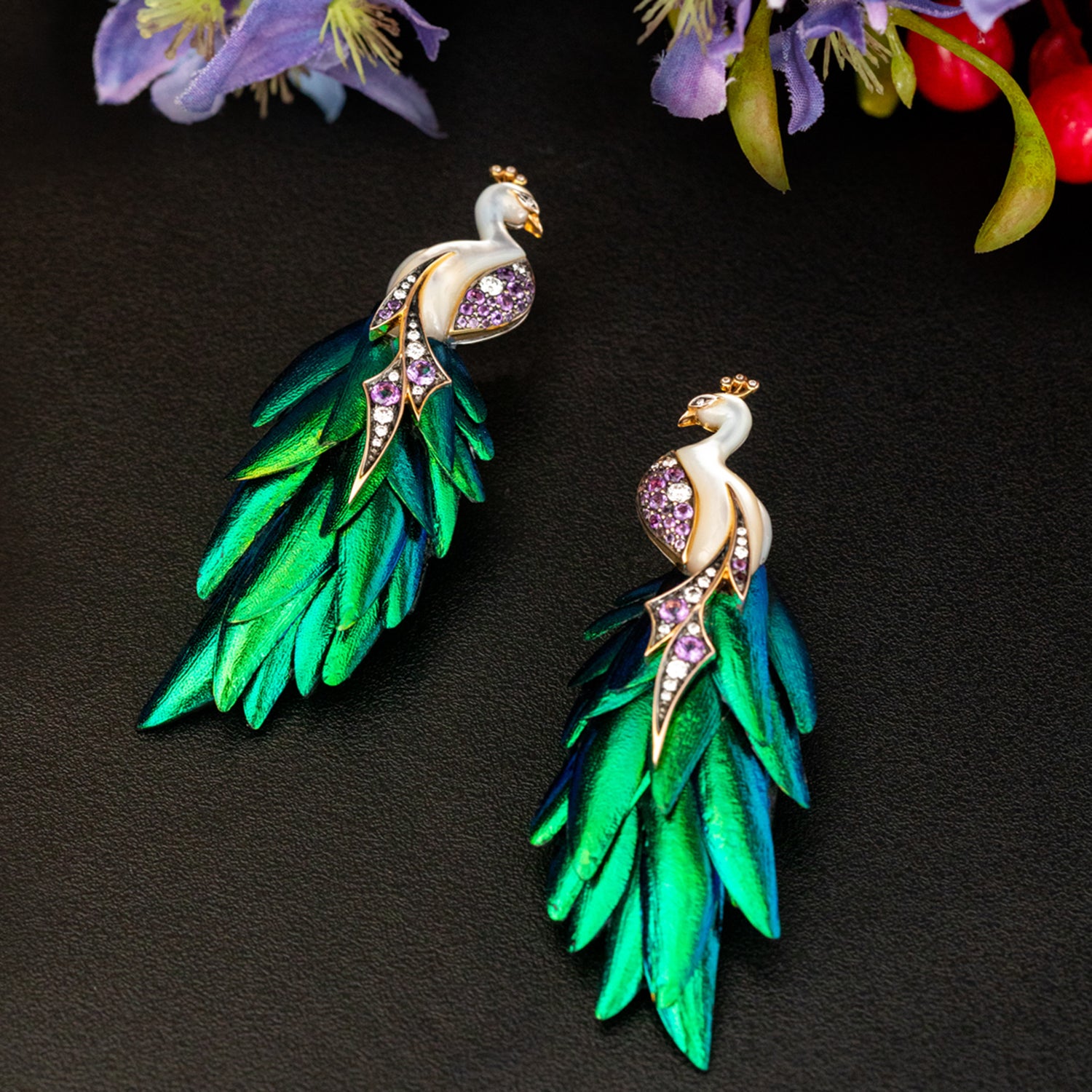 Scarab Feathered Peacock Earrings with Amethyst & Diamond