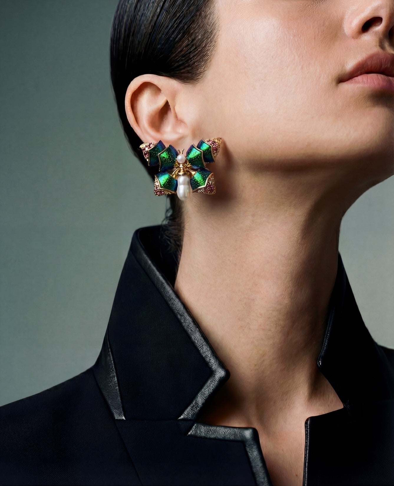 Fluttering Scarab Butterfly Earrings with Diamond, Pink Tourmaline & Pearl