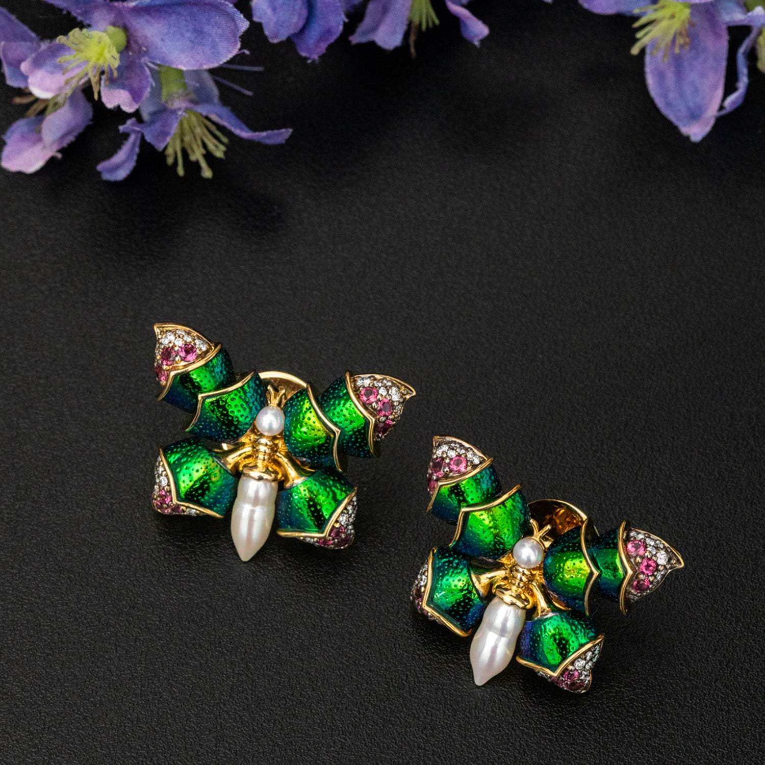 Fluttering Scarab Butterfly Earrings with Diamond, Pink Tourmaline & Pearl