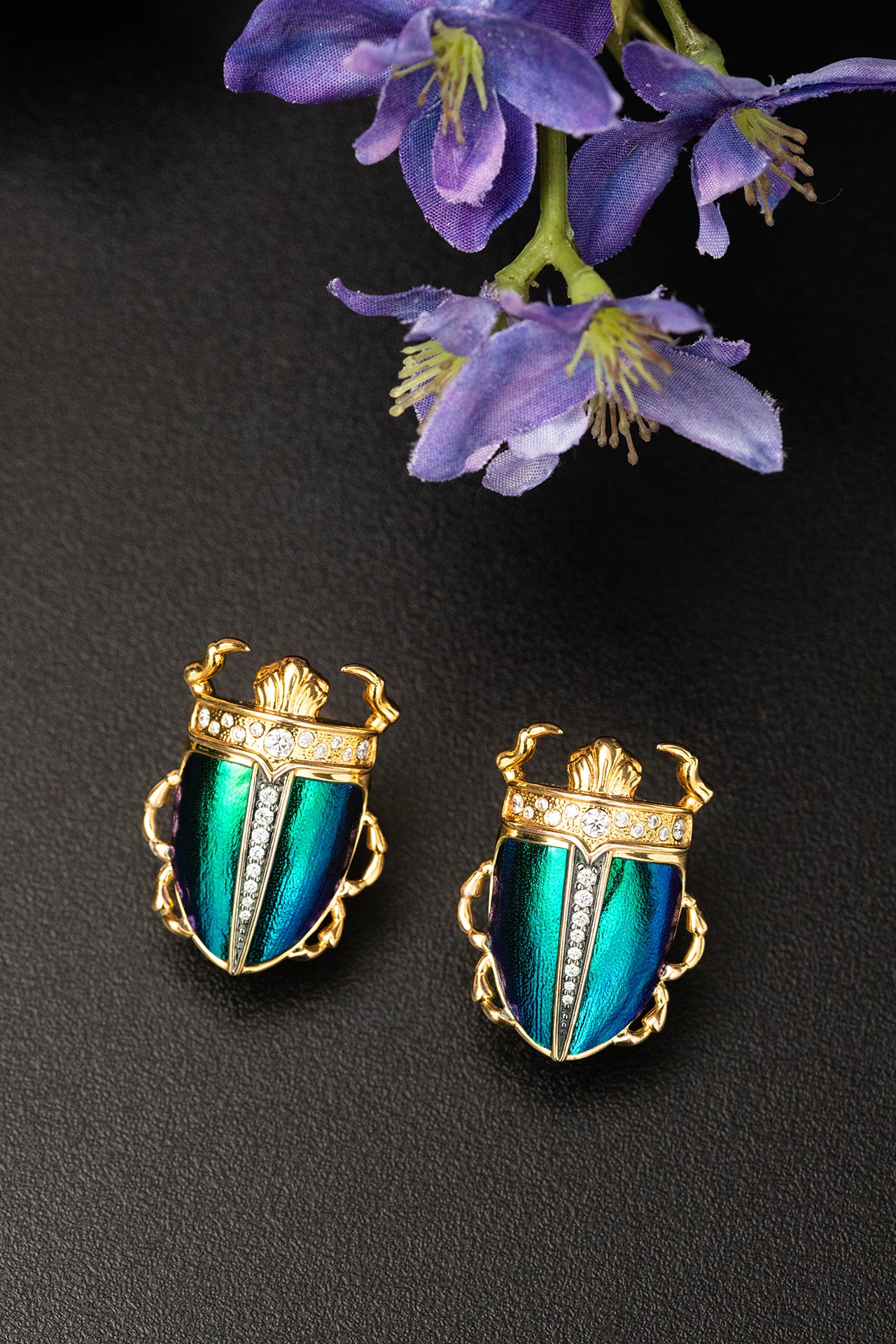 Scarab-Winged Beetle Earrings with Diamond