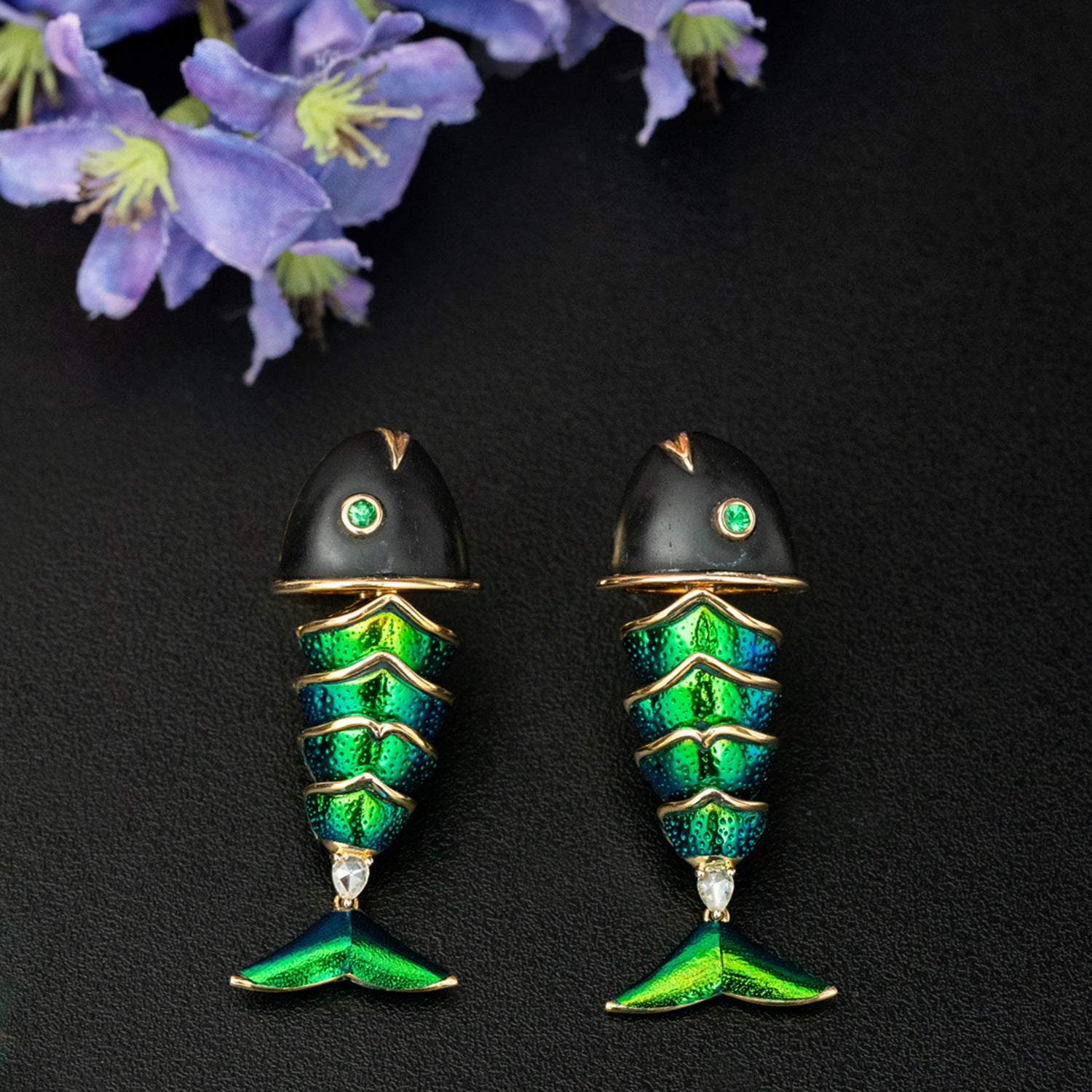 Scarab-Scaled Koi Fish Earrings with Diamond & Tsavorite