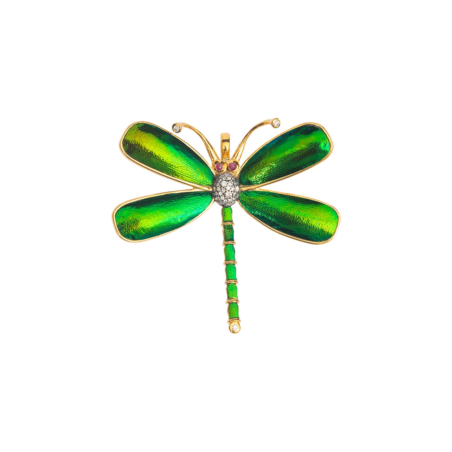 Graceful Scarab-Gilded Dragonfly Pendant/Brooch with Diamond and Ruby