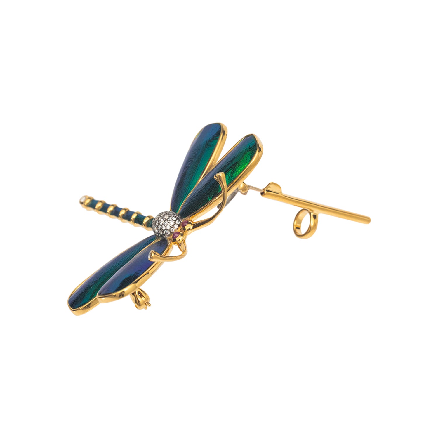 Graceful Scarab-Gilded Dragonfly Pendant/Brooch with Diamond and Ruby