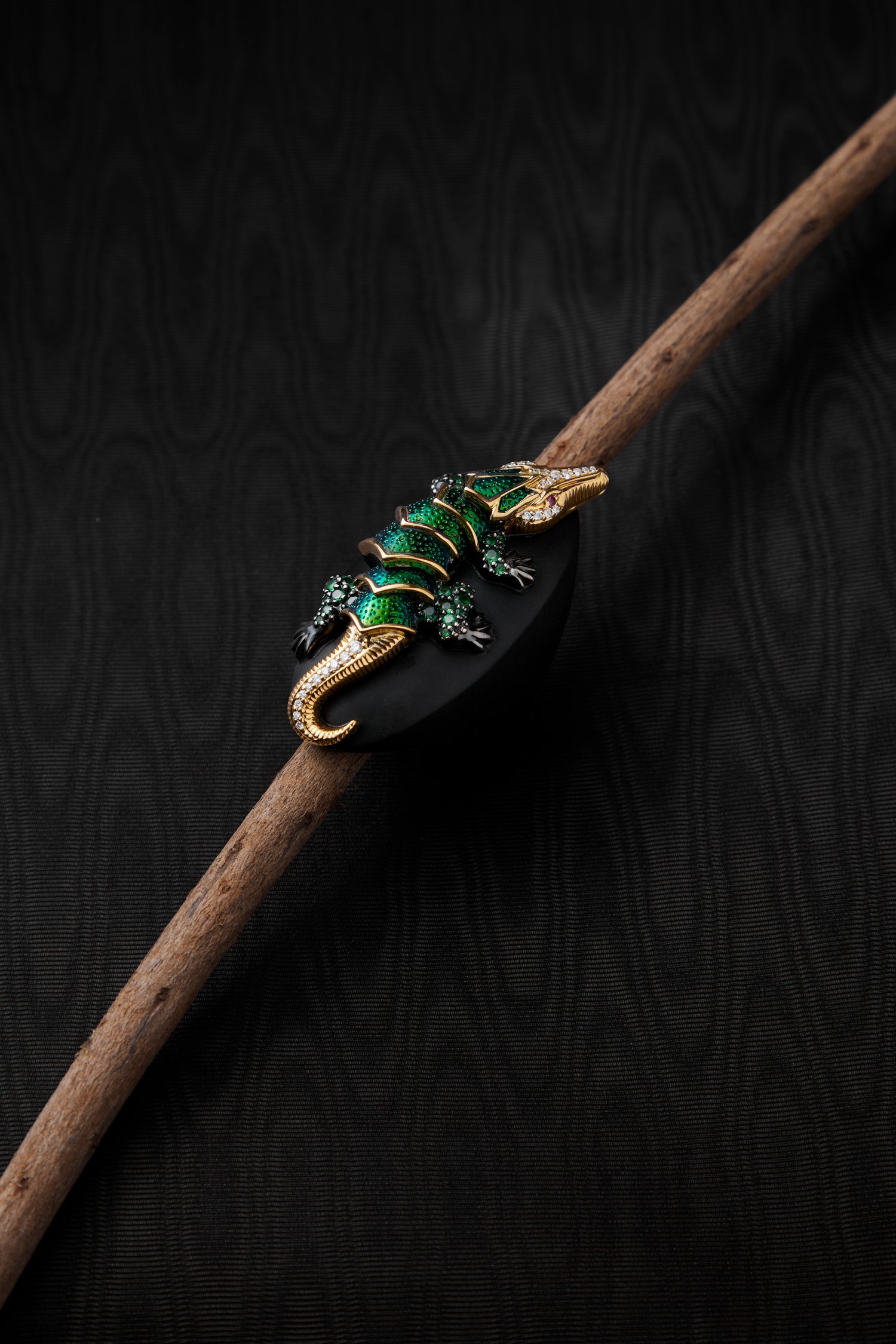 Floating Crocodile Scarab Ring with Tsavorite, Diamond & Ruby