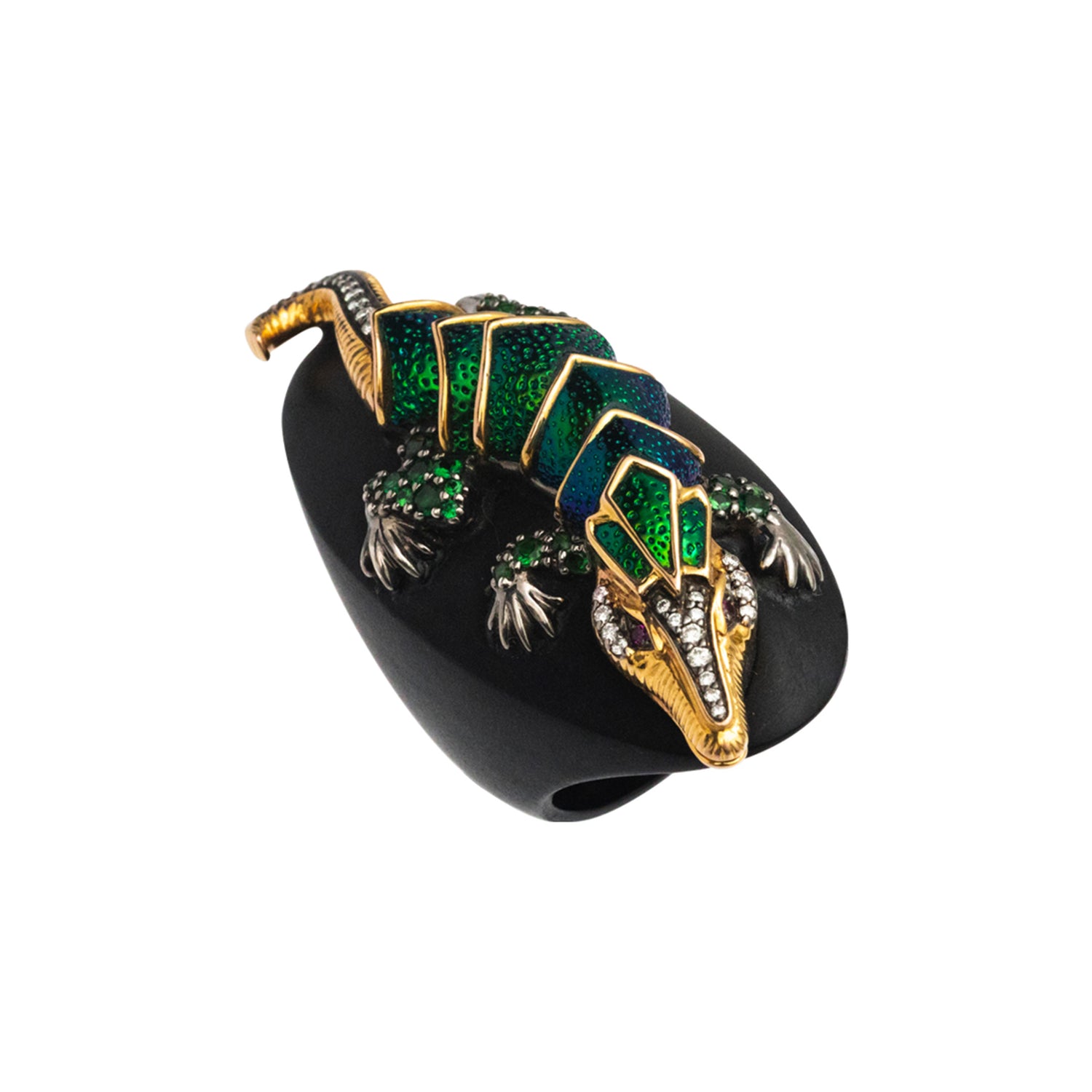 Floating Crocodile Scarab Ring with Tsavorite, Diamond & Ruby