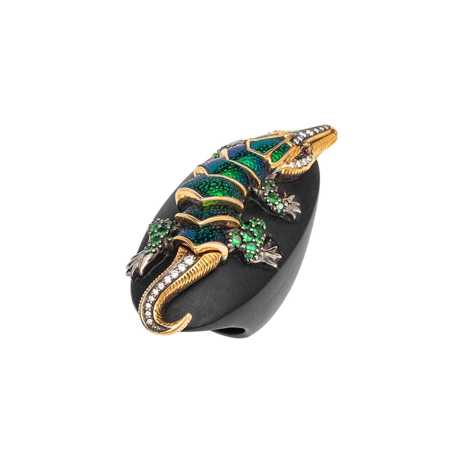 Floating Crocodile Scarab Ring with Tsavorite, Diamond & Ruby